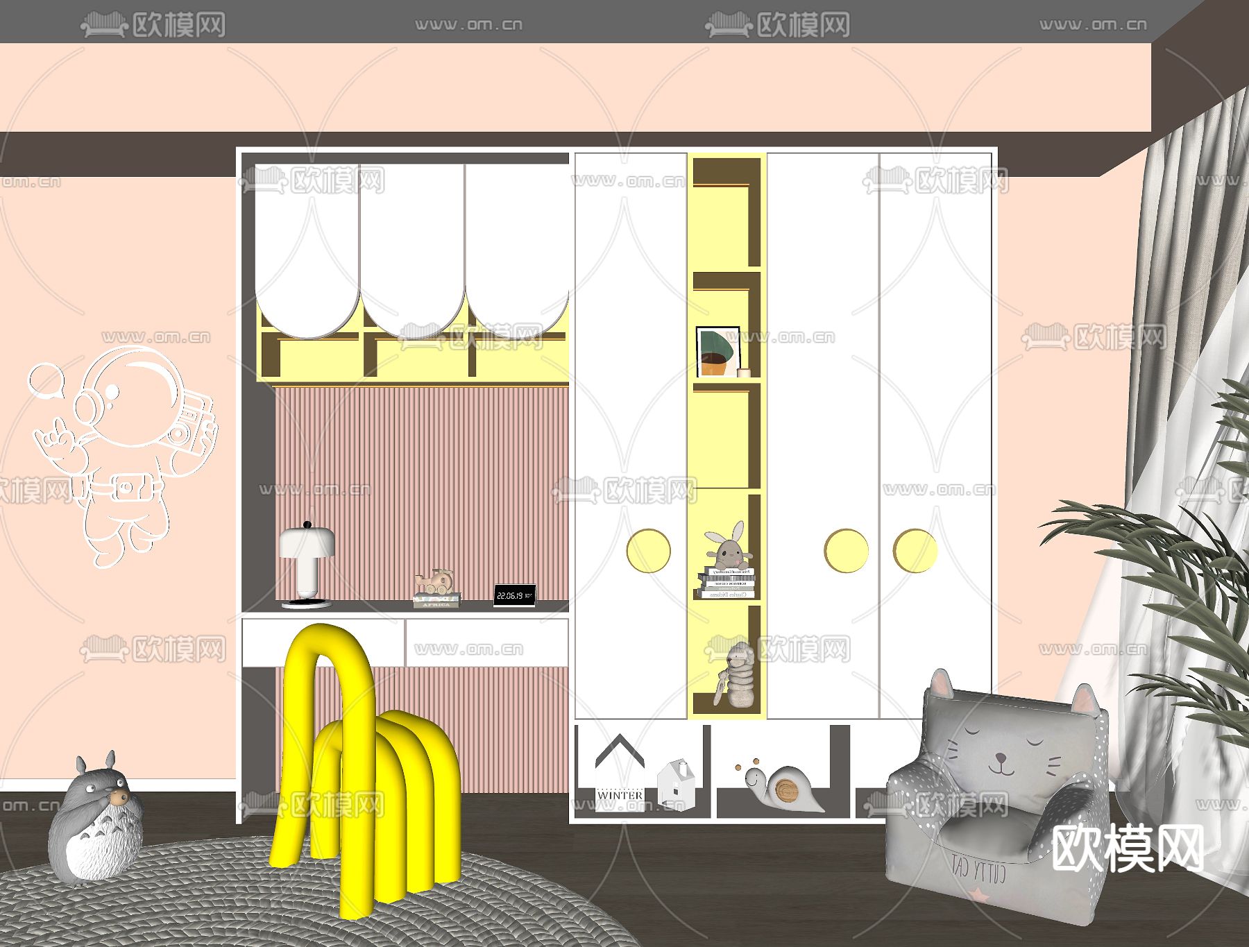 现代儿童书桌衣柜su模型下载（渲染图2）