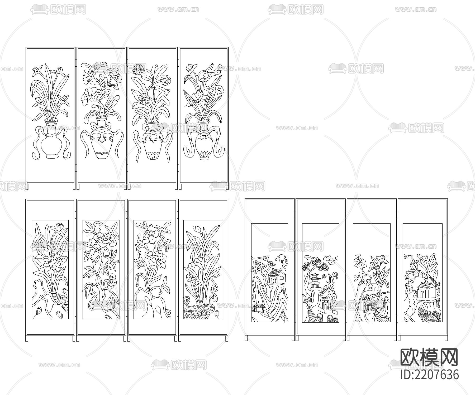 建筑CAD常用千种图块之中式屏风节点大样下载（渲染图4）