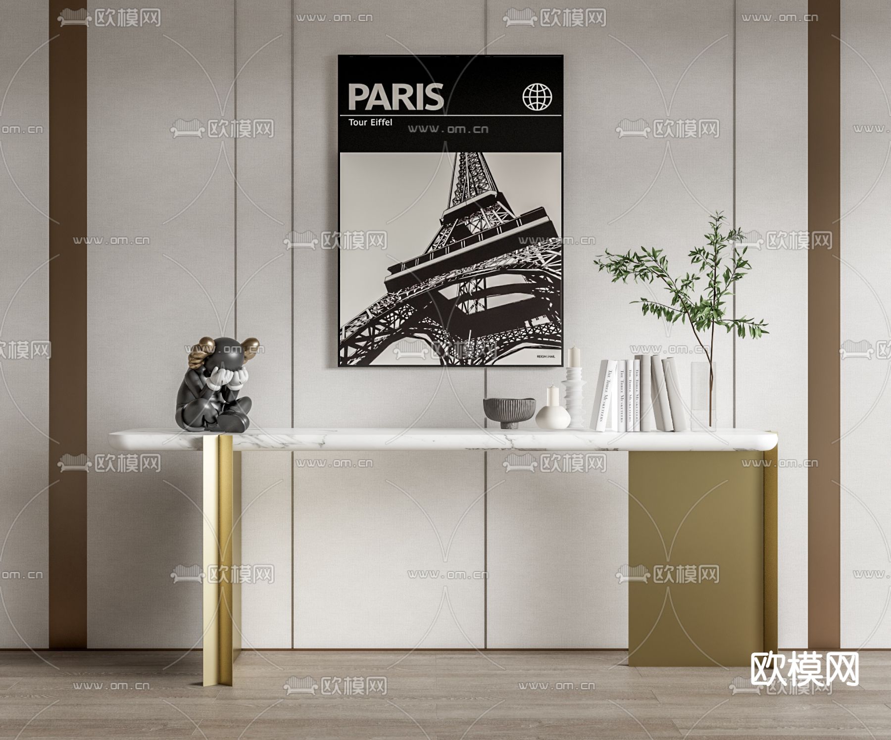 现代端景条案su模型下载（渲染图1）
