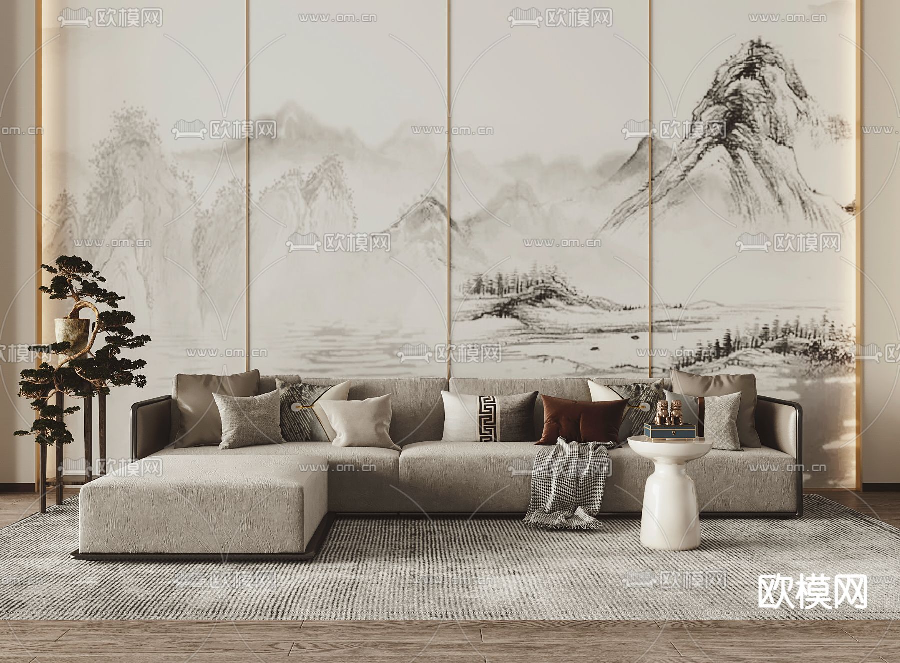 新中式灰色转角沙发3d模型下载