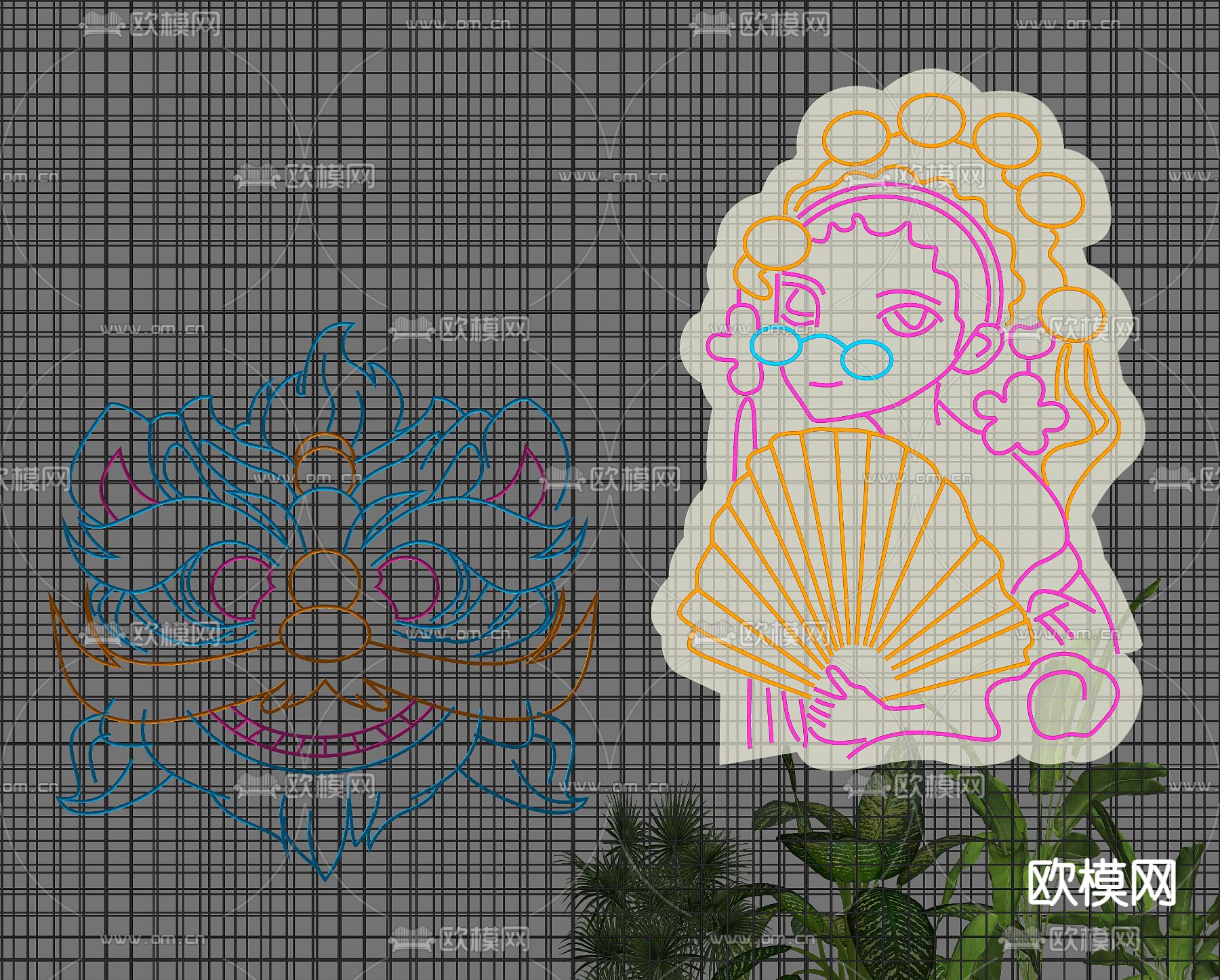 新中式国潮霓虹灯醒狮花旦装饰灯su模型下载（渲染图2）