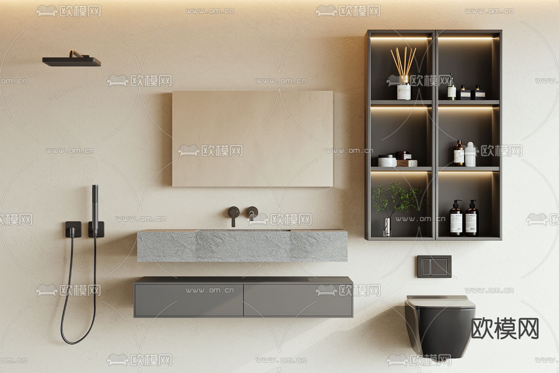 现代花洒洗手台马桶组合3d模型下载