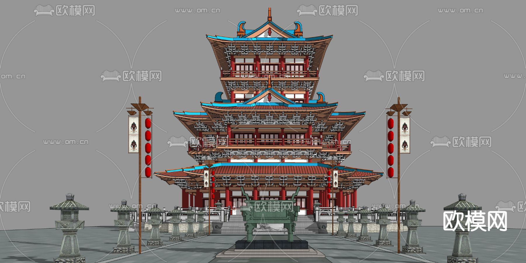 中式古建塔楼su模型下载（渲染图1）