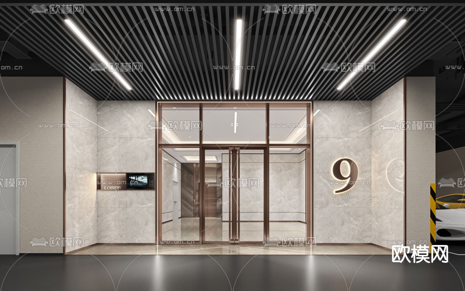 现代地下停车库入户电梯厅3d模型下载（渲染图2）