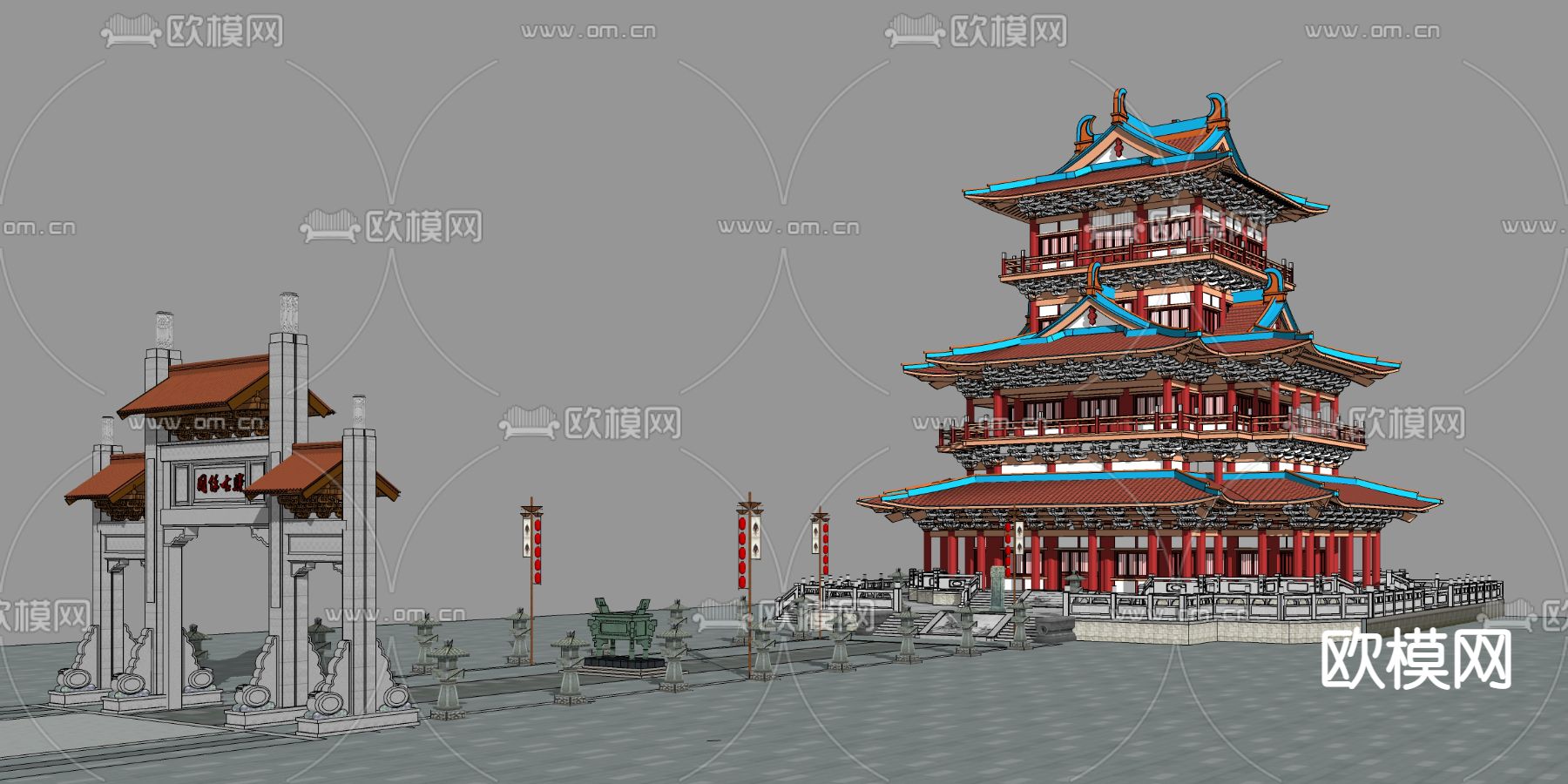 中式古建塔楼su模型下载（渲染图2）
