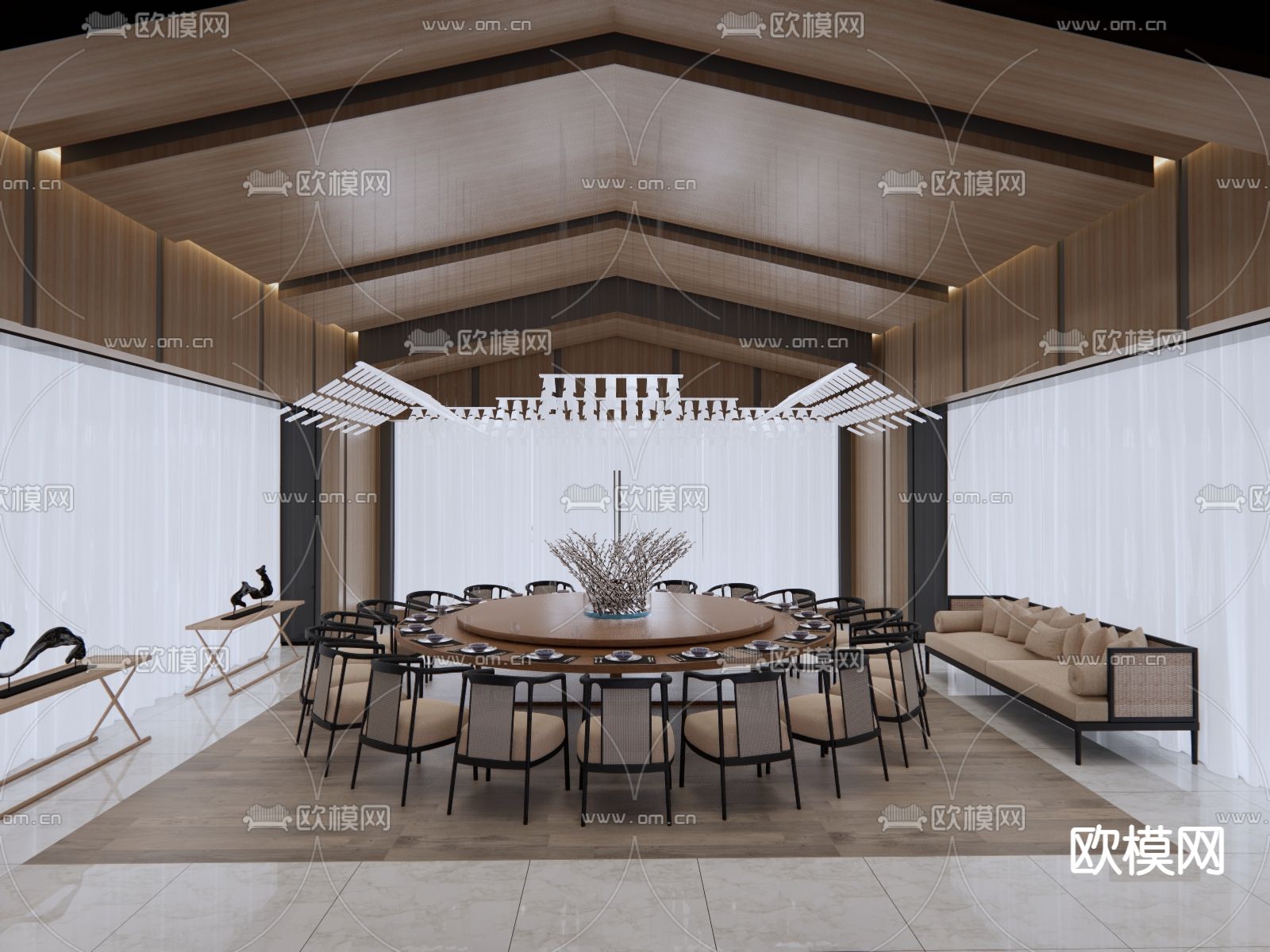 新中式中餐厅大包房su模型下载（渲染图1）
