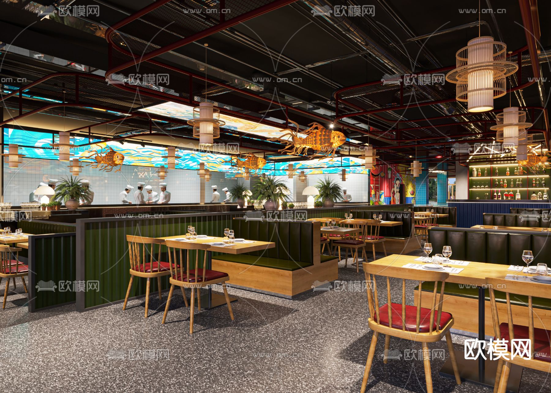 工业风中餐厅3d模型下载（渲染图1）