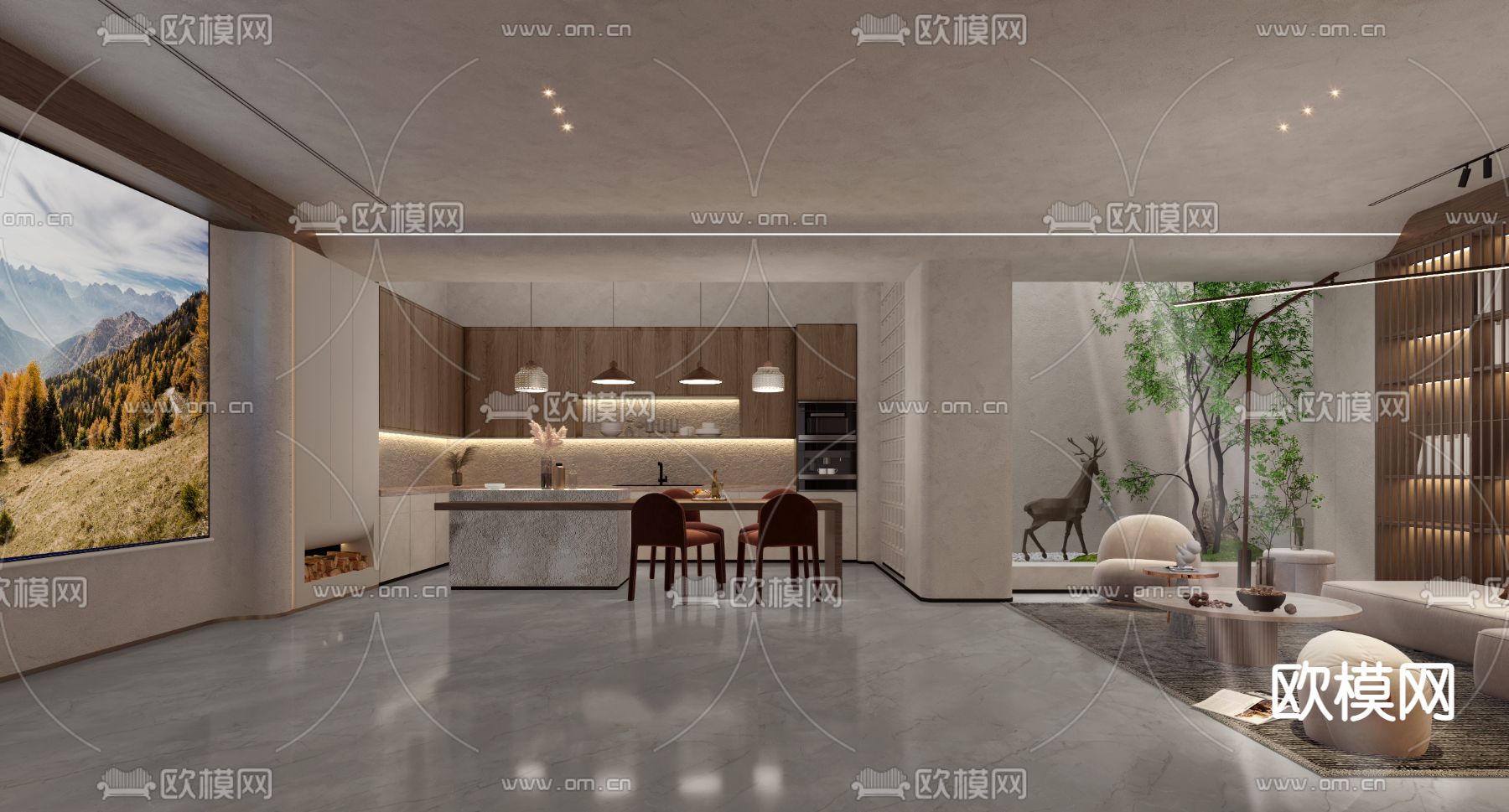 侘寂别墅负一层休闲区阅读区3d模型下载（渲染图2）