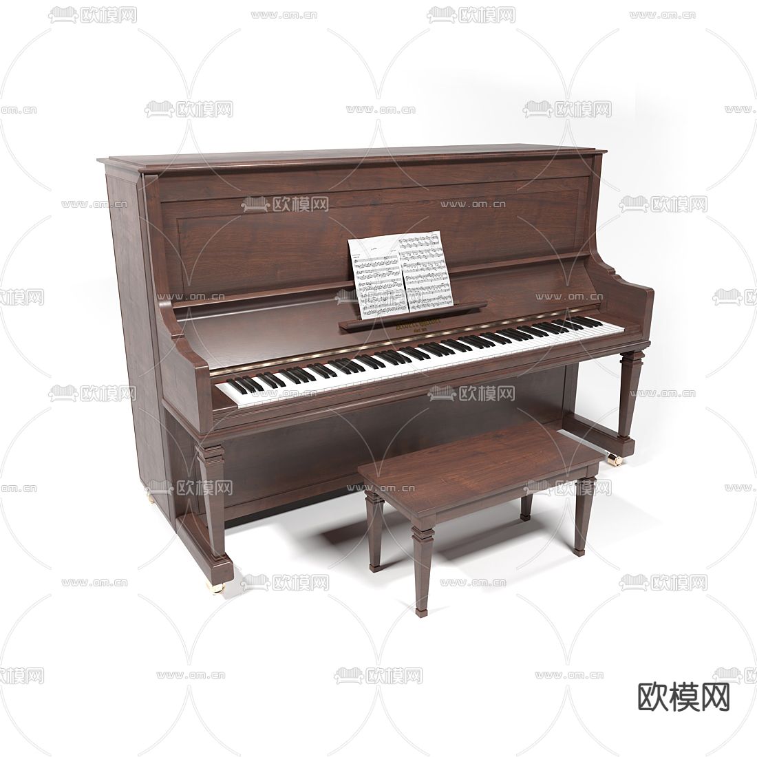 美式古典钢琴su模型下载（渲染图1）