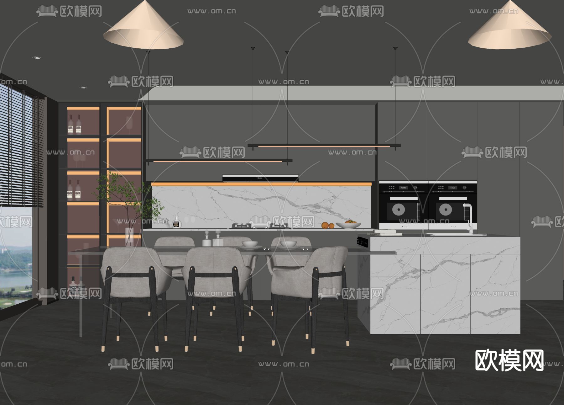 现代高级灰中岛餐厅su模型下载（渲染图2）