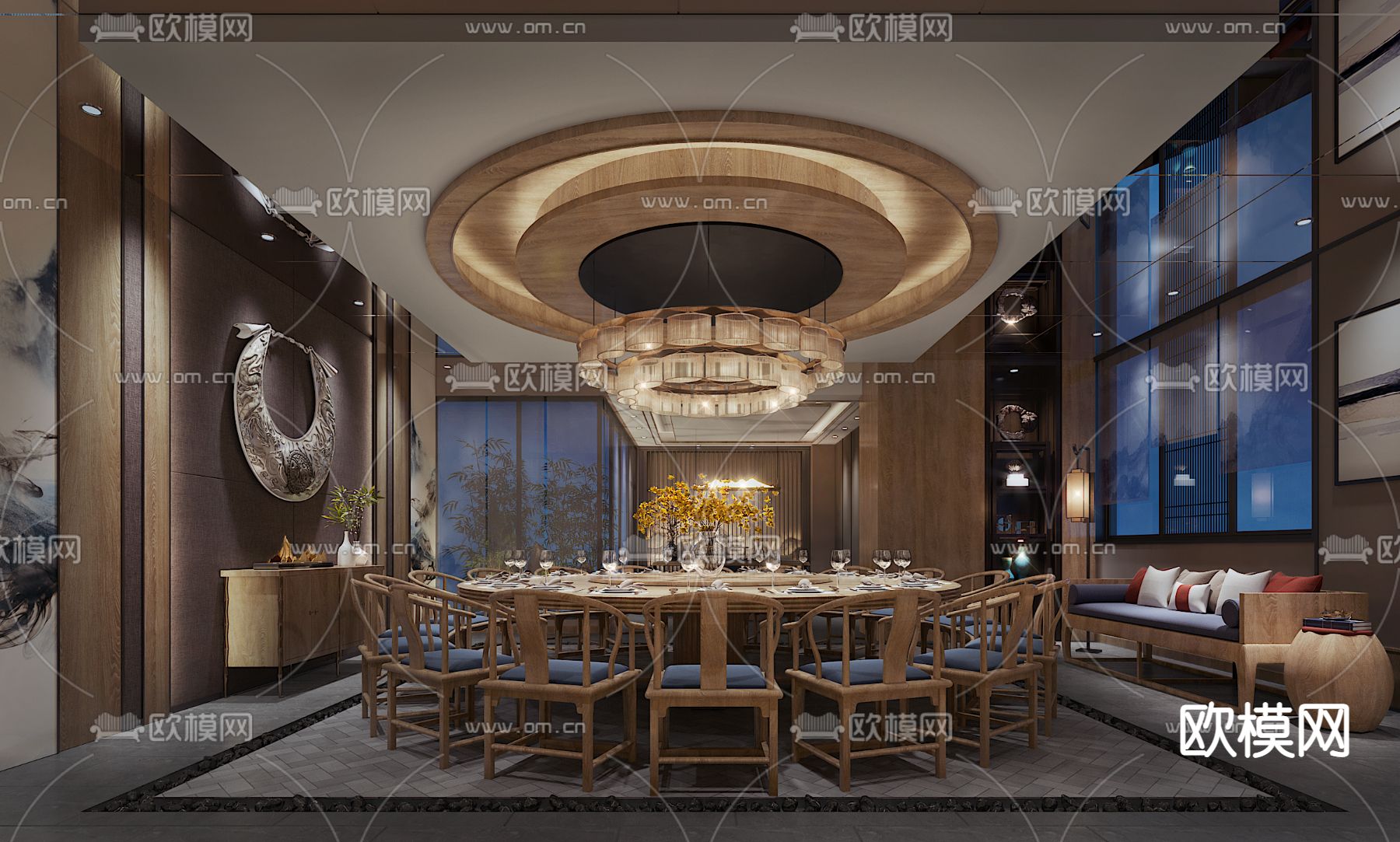 新中式餐厅包房免费3d模型下载（渲染图1）