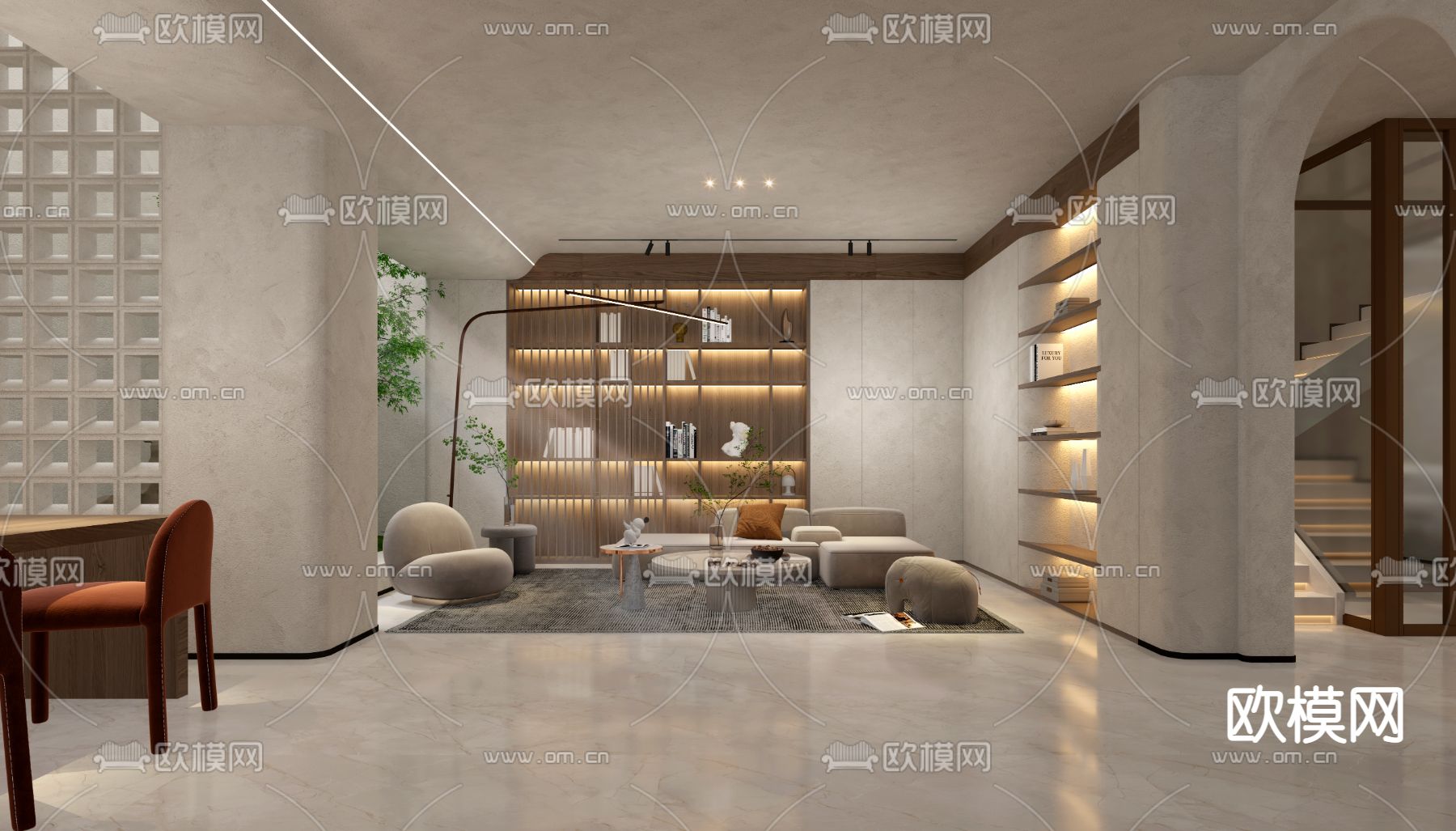 侘寂别墅负一层休闲区阅读区3d模型下载（渲染图1）