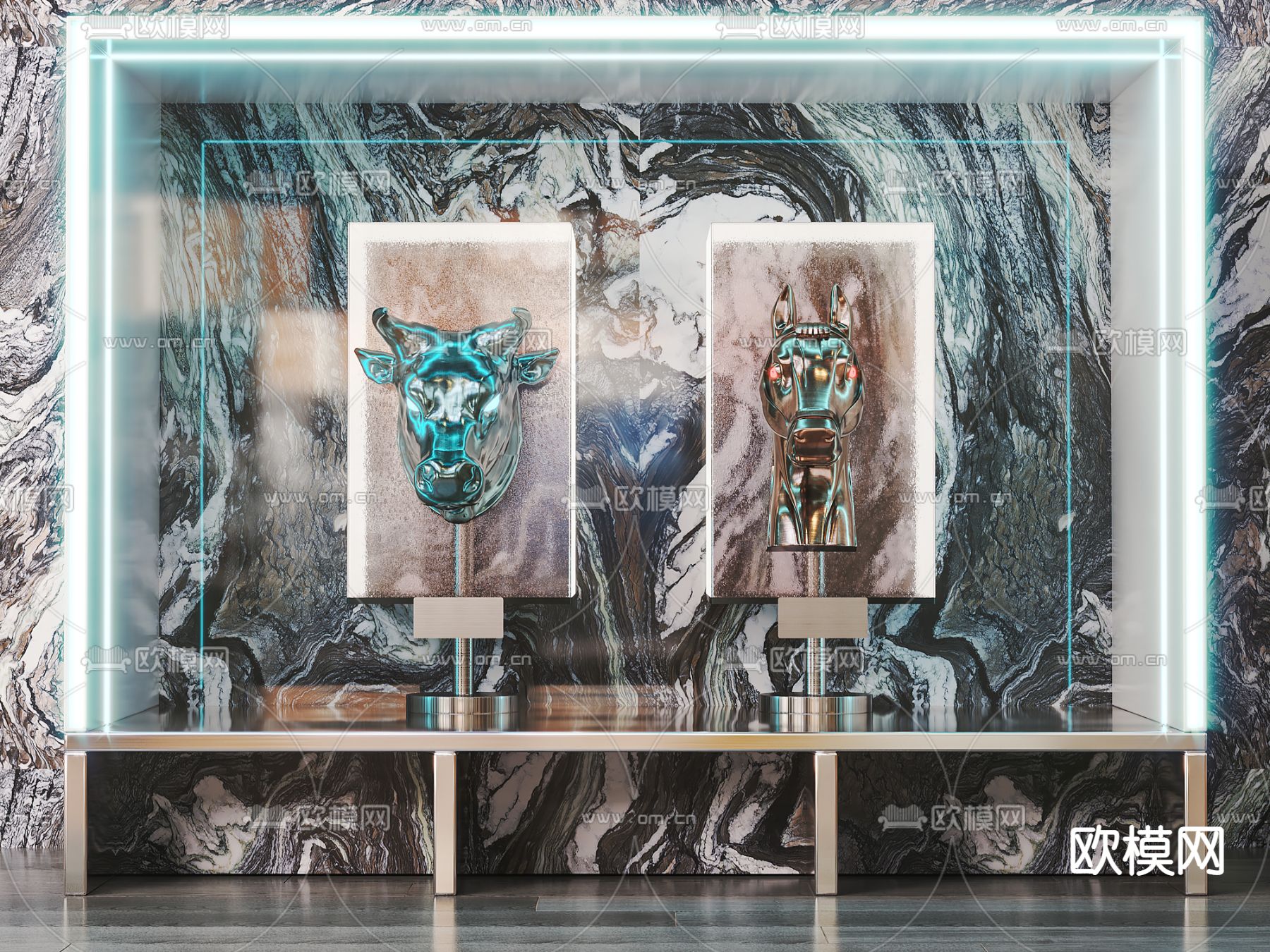 现代牛头马头雕塑摆件su模型下载（渲染图1）