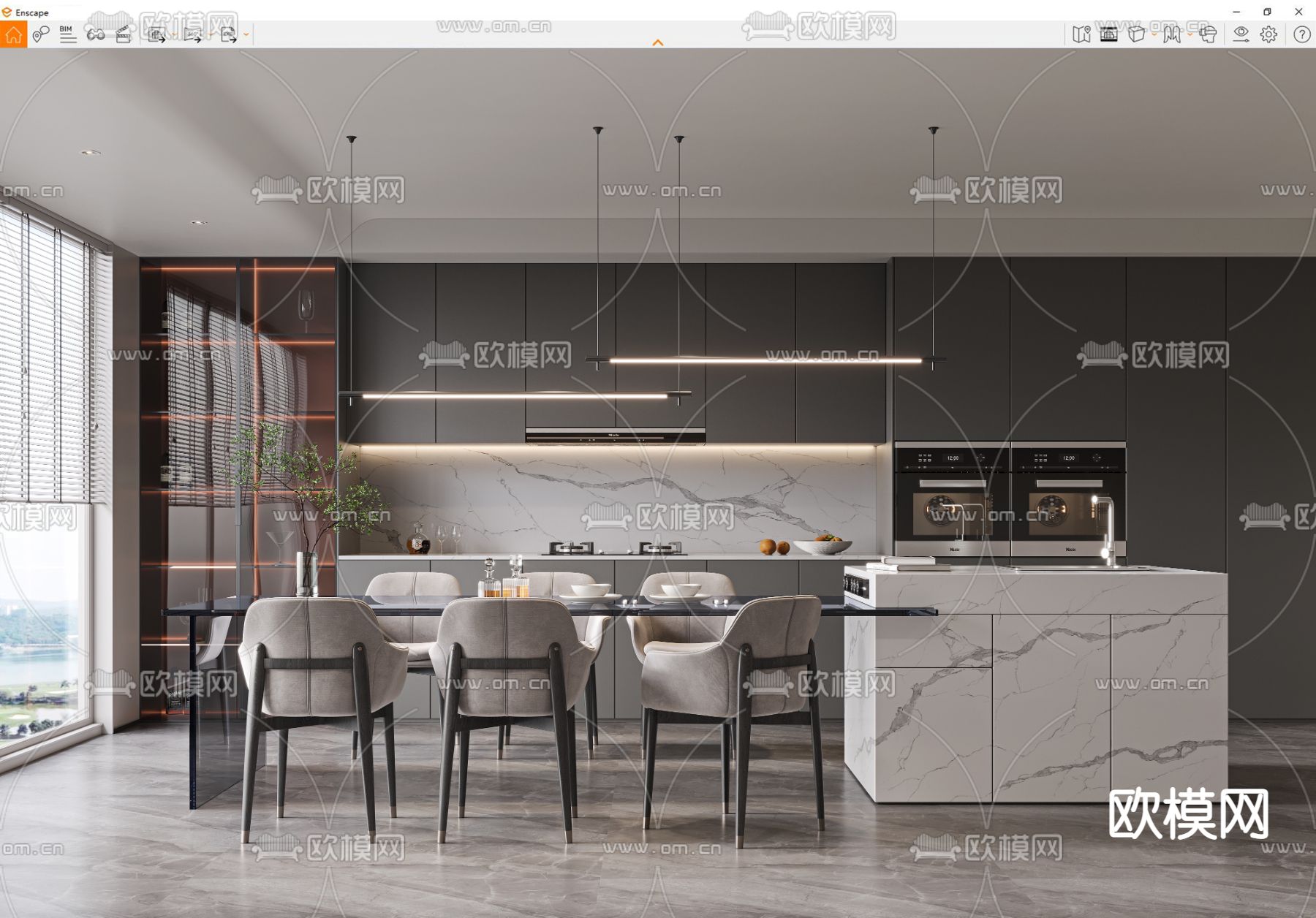 现代高级灰中岛餐厅su模型下载（渲染图3）