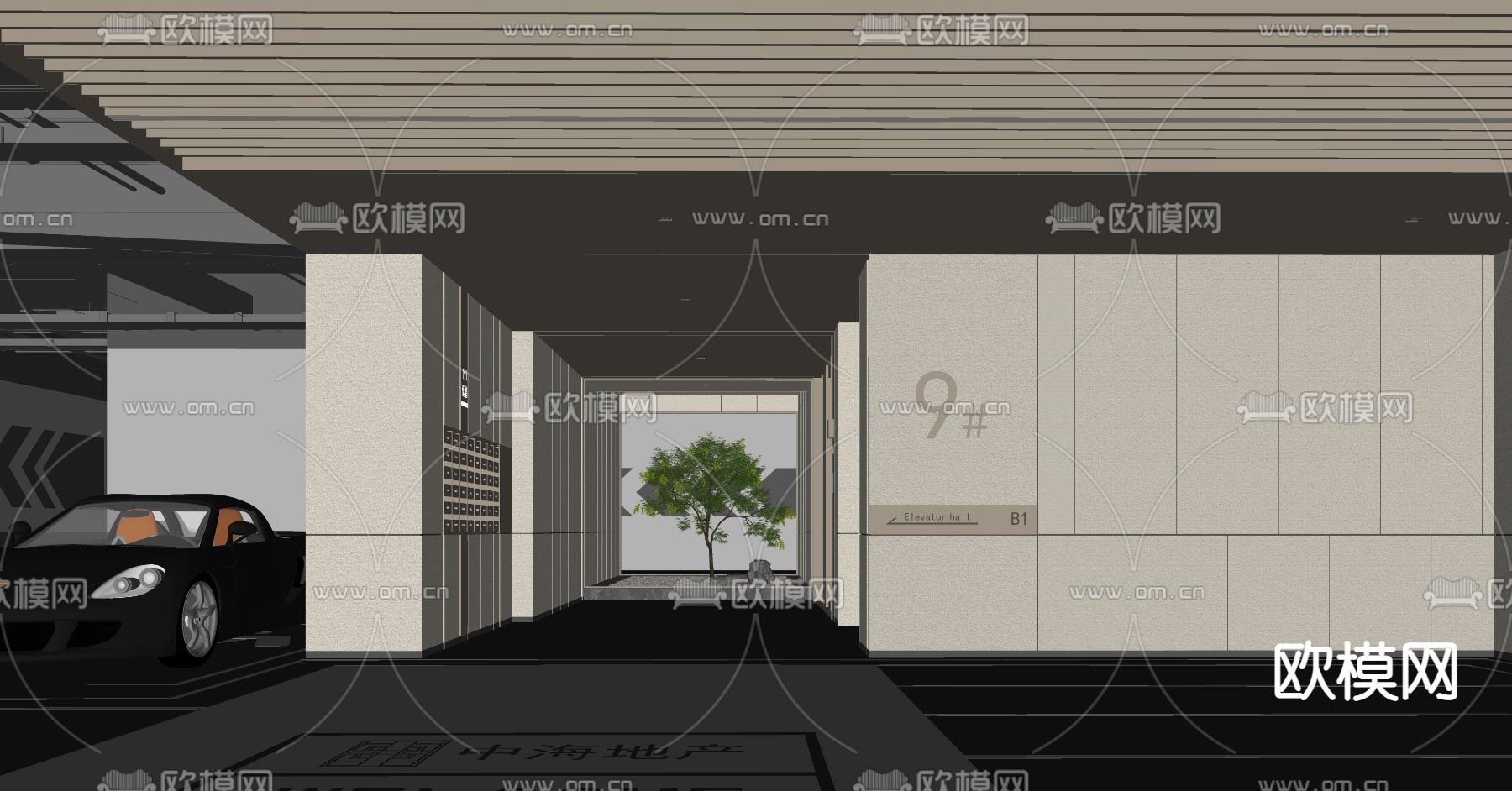 现代地下室停车场su模型下载（渲染图2）