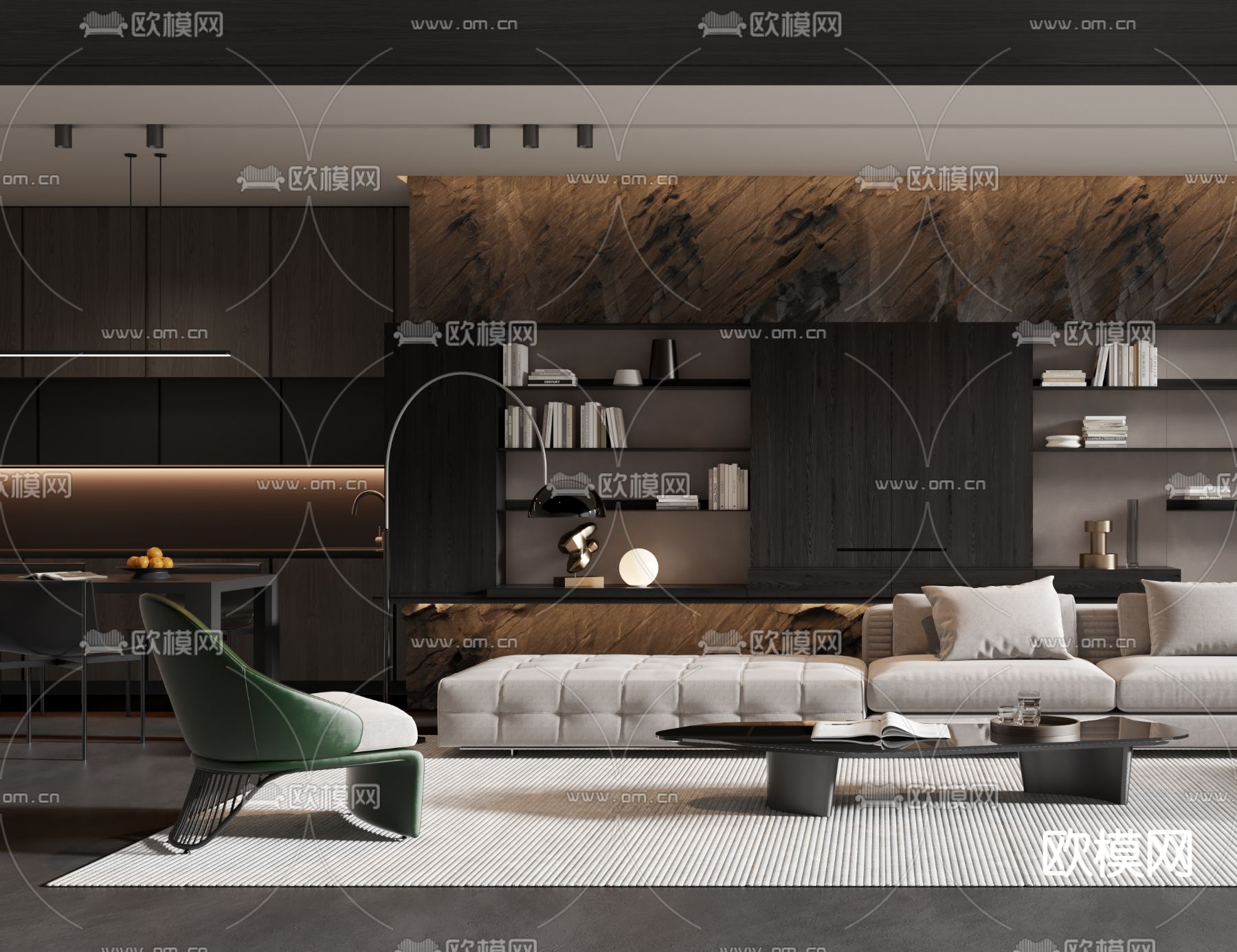 现代高级灰客厅餐厅3d模型