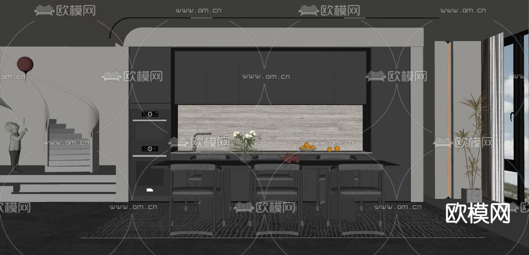 现代高级灰餐厅su模型下载（渲染图2）