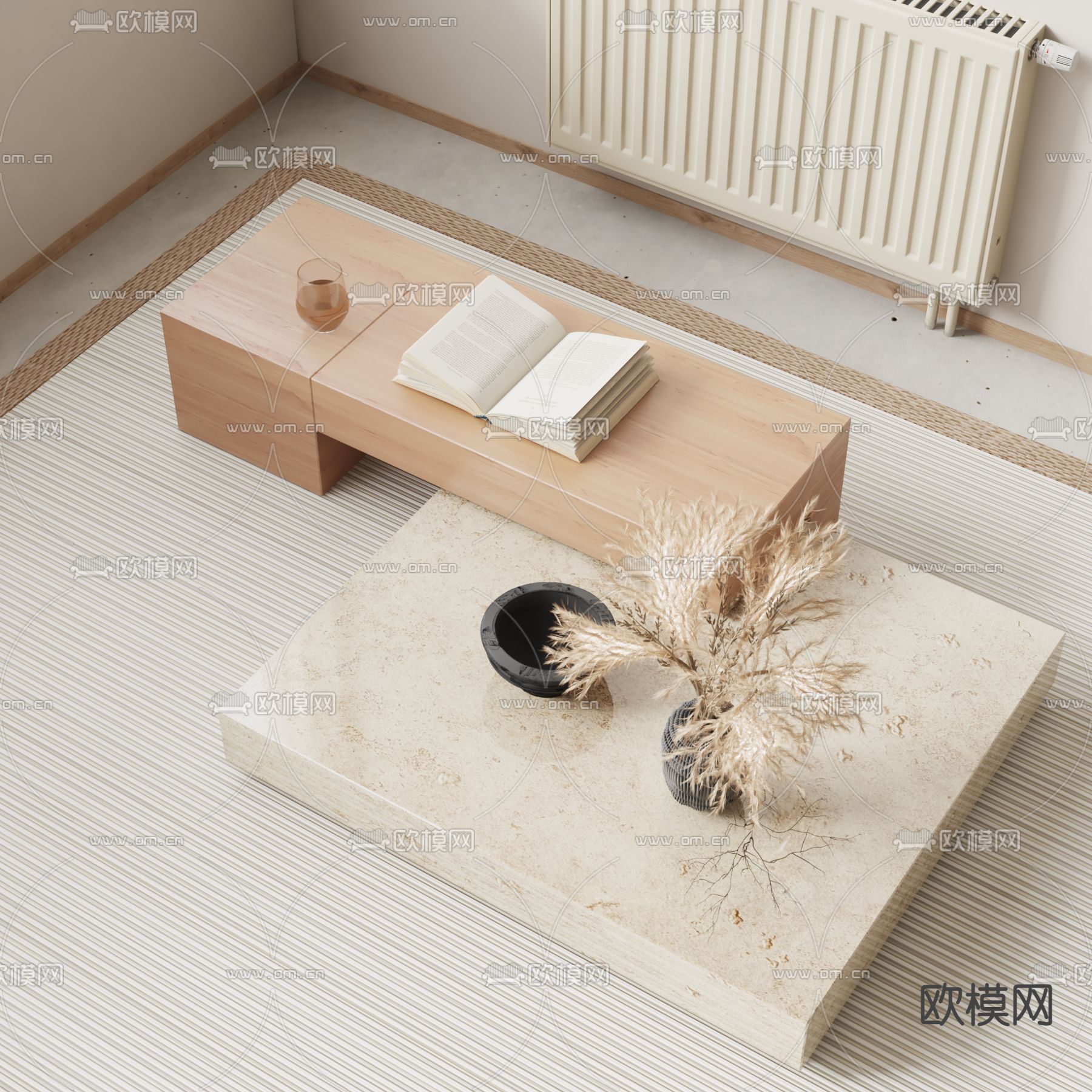 侘寂风实木大理石茶几3d模型