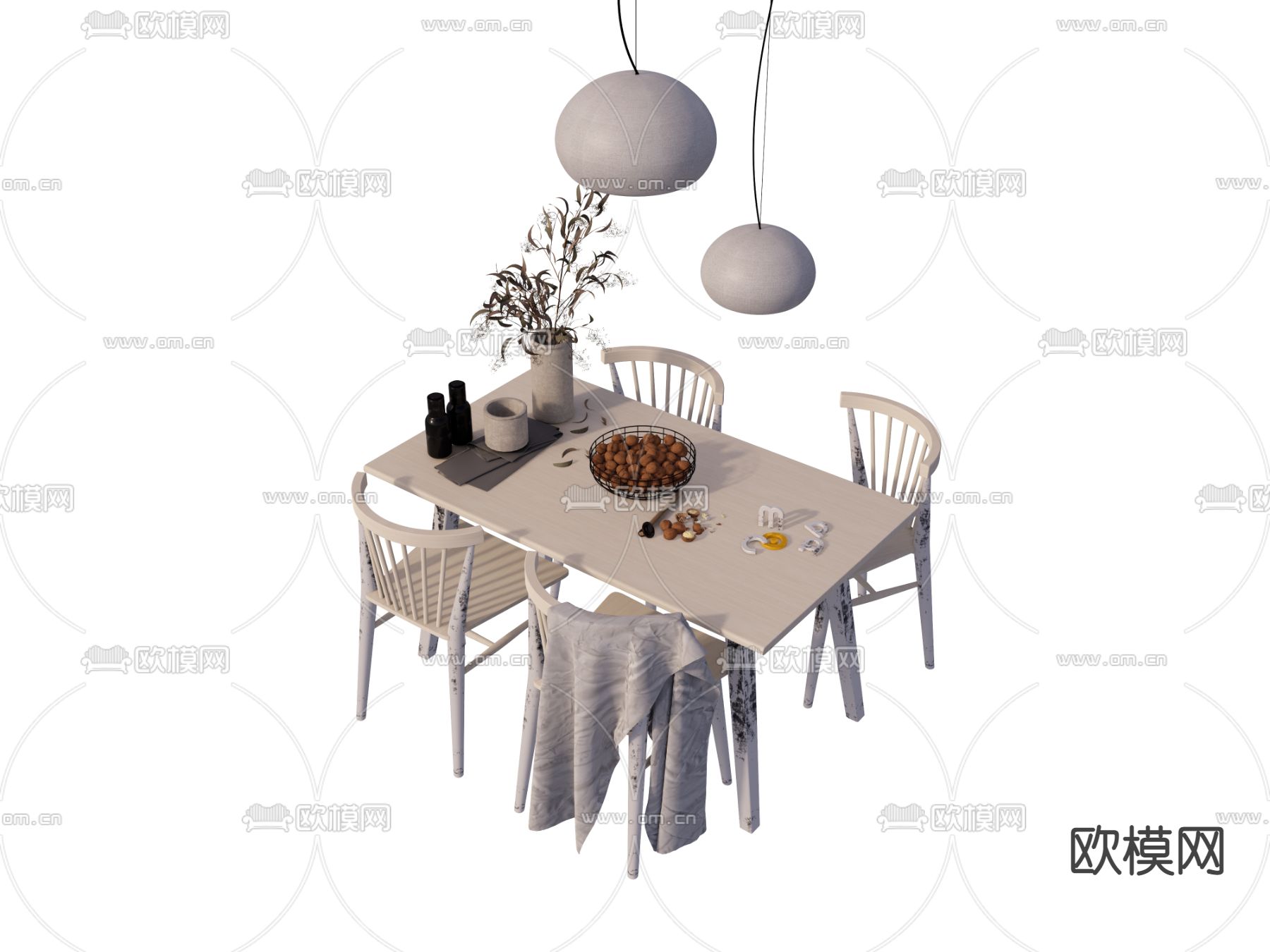 北欧奶白色餐桌椅su模型下载（渲染图1）