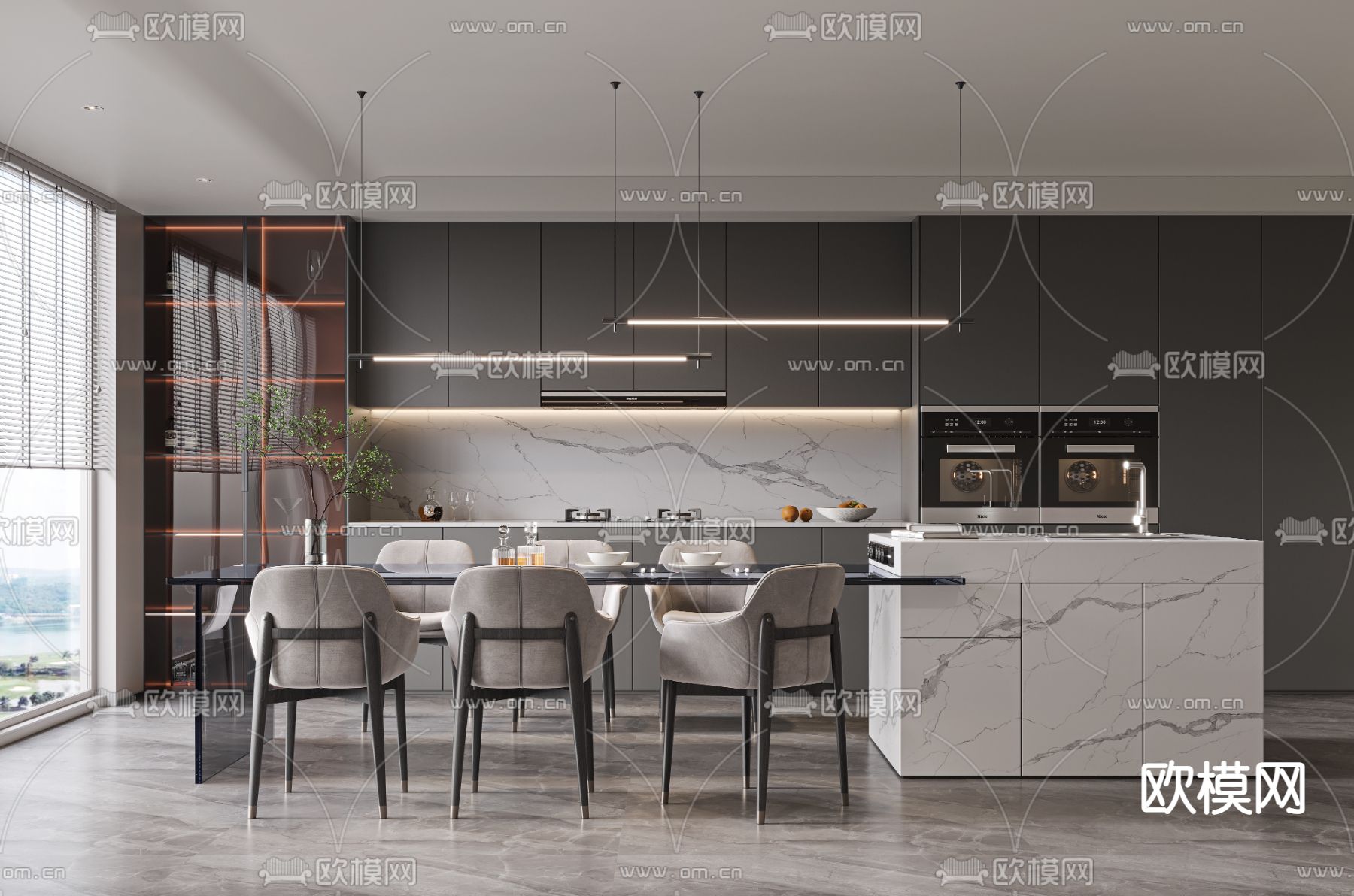 现代高级灰中岛餐厅su模型下载（渲染图1）