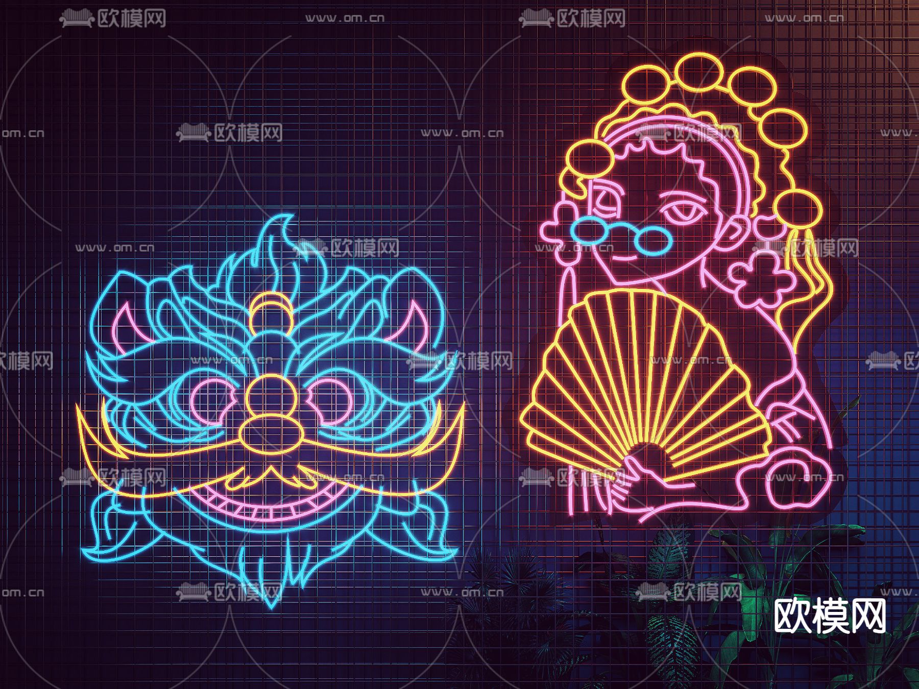 新中式国潮霓虹灯醒狮花旦装饰灯su模型下载（渲染图1）