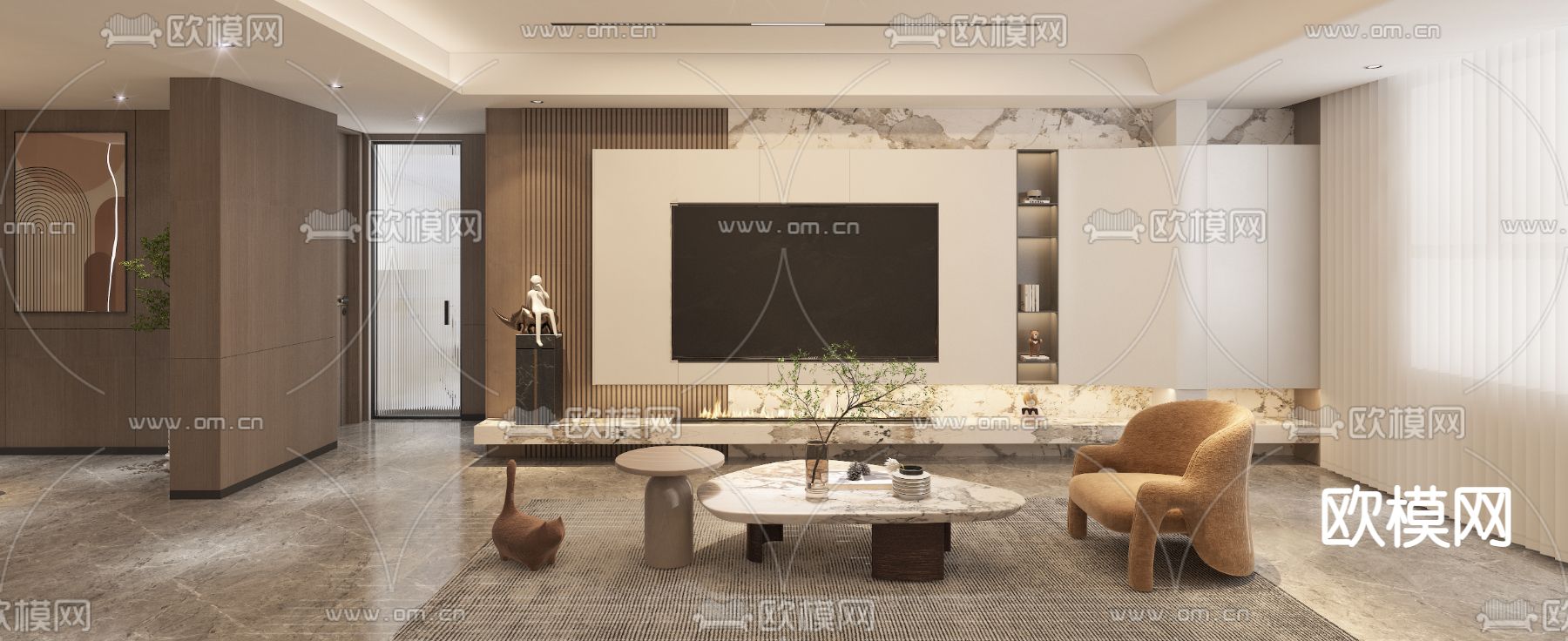 现代客餐厅玄关过道3d模型下载（渲染图1）