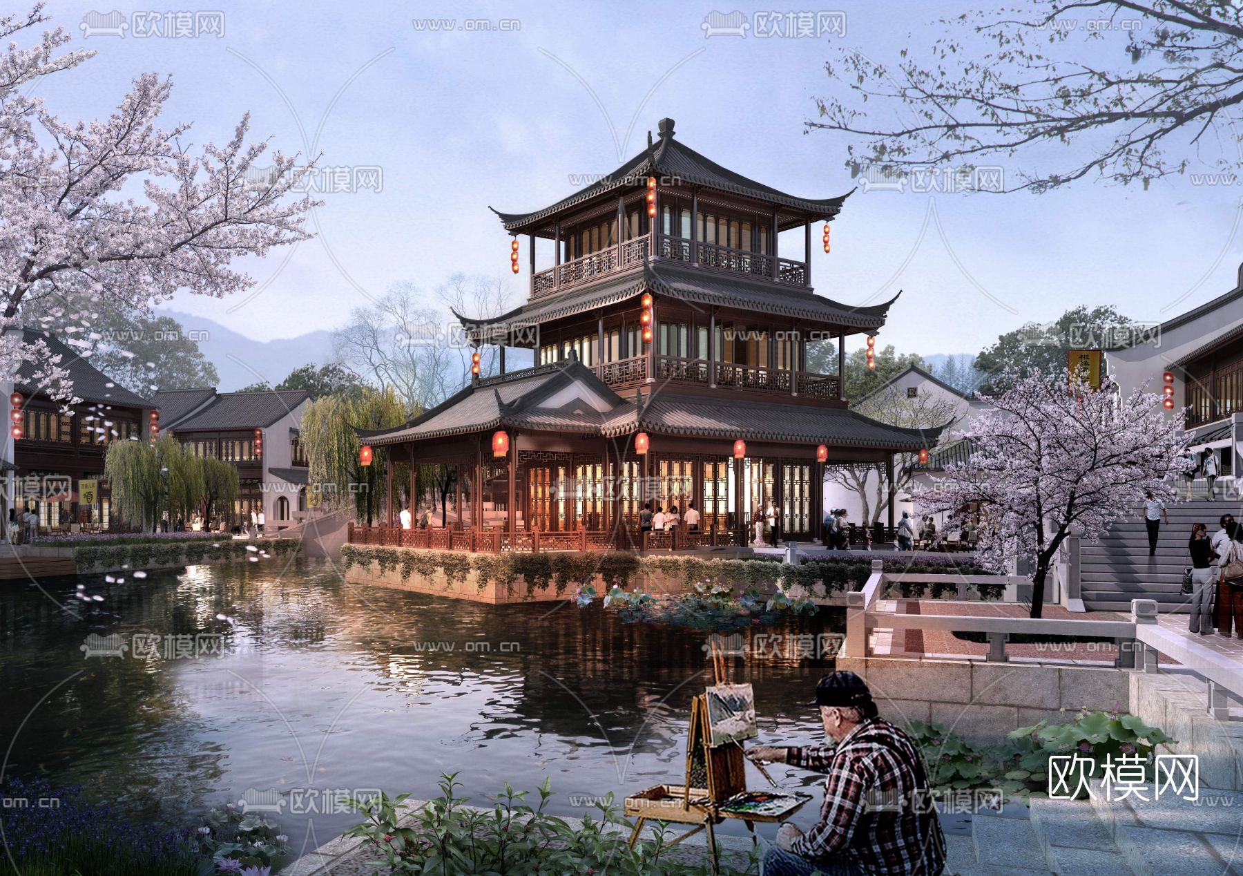 新中式公园湖景景观PSD下载