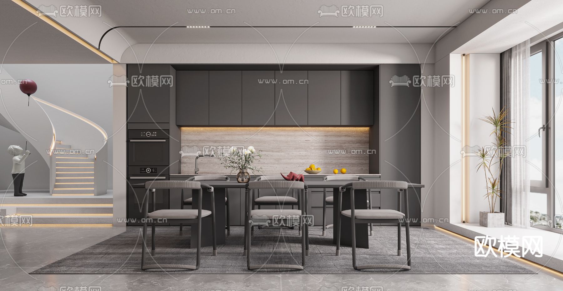 现代高级灰餐厅su模型下载（渲染图1）