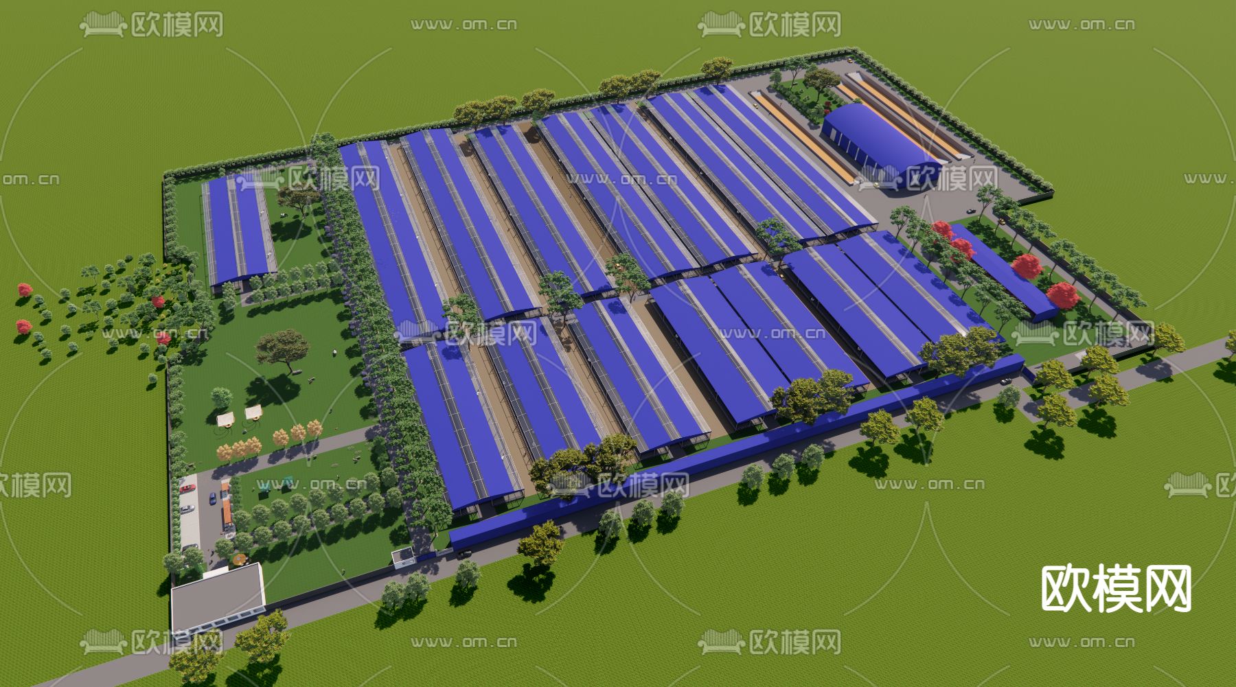 现代牛厂鸟瞰su模型下载（渲染图1）