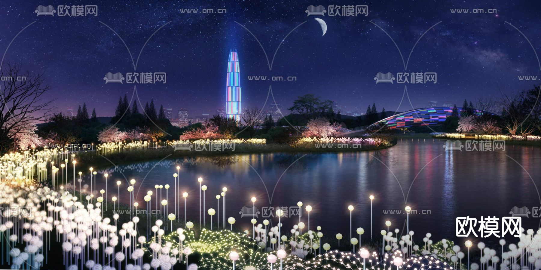 现代公园夜景景观PSD下载_ID12040499_3dmax免费模型-欧模网
