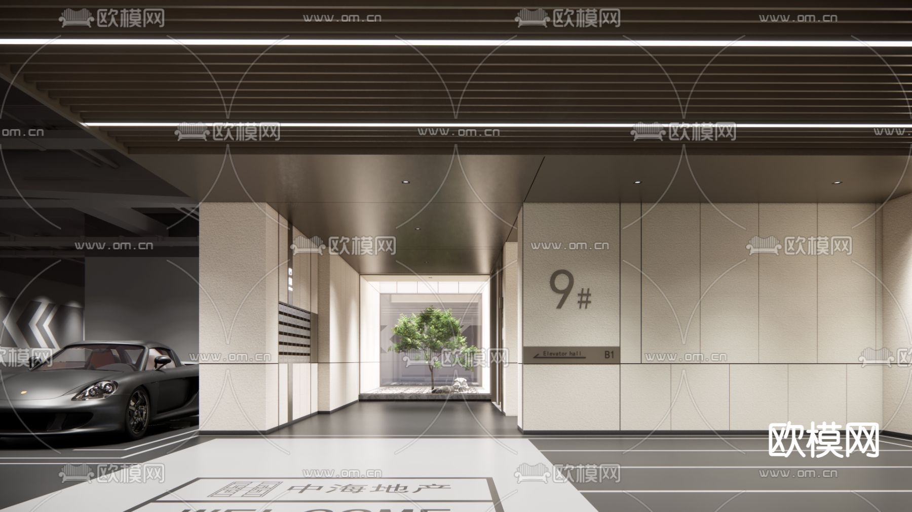 现代地下室停车场su模型下载（渲染图1）