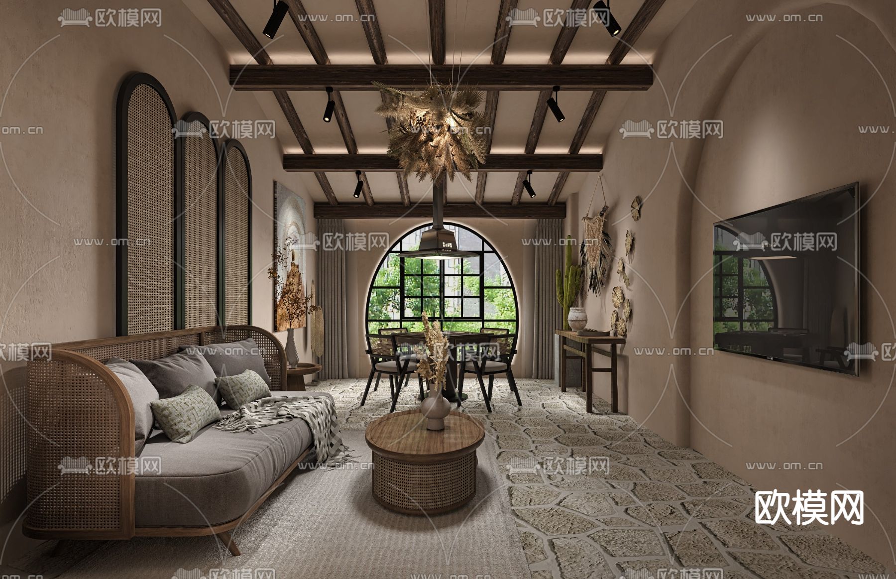 侘寂风茶楼棋牌室包间3d模型下载（渲染图1）