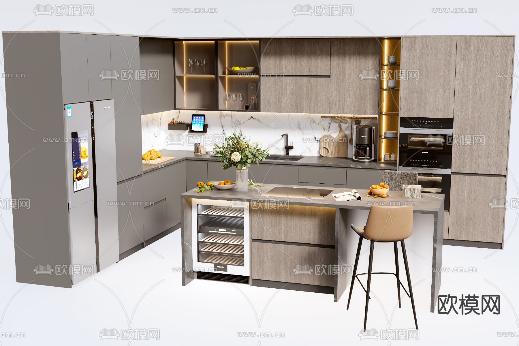 现代中岛厨房橱柜su模型下载（渲染图1）