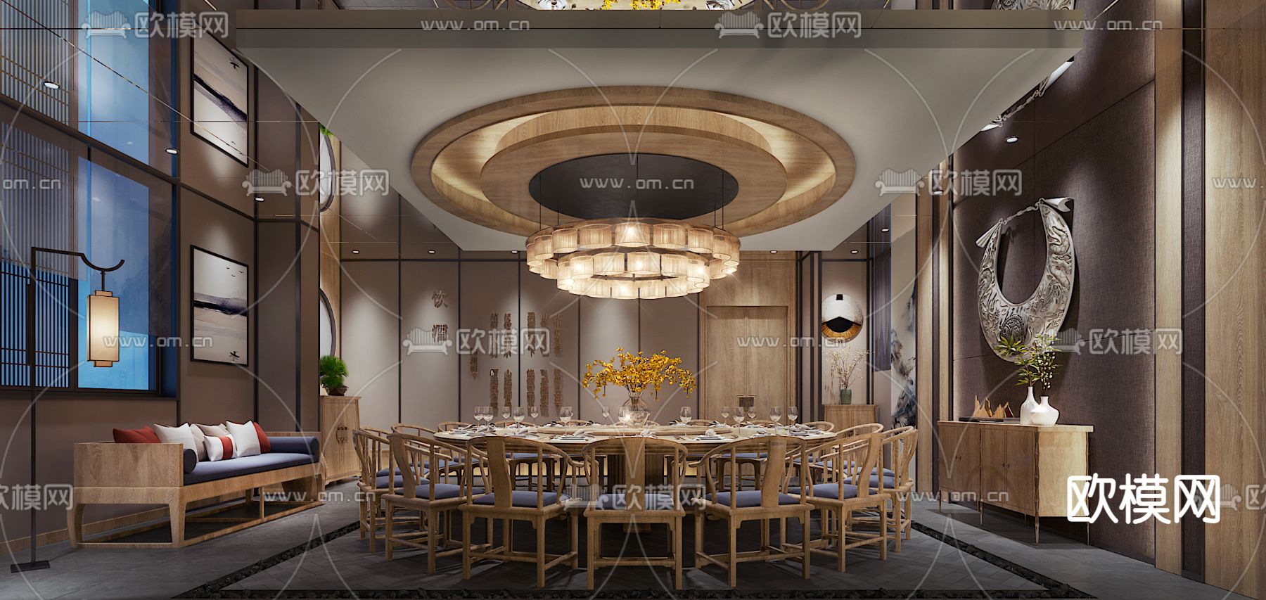 新中式餐厅包房免费3d模型下载（渲染图2）
