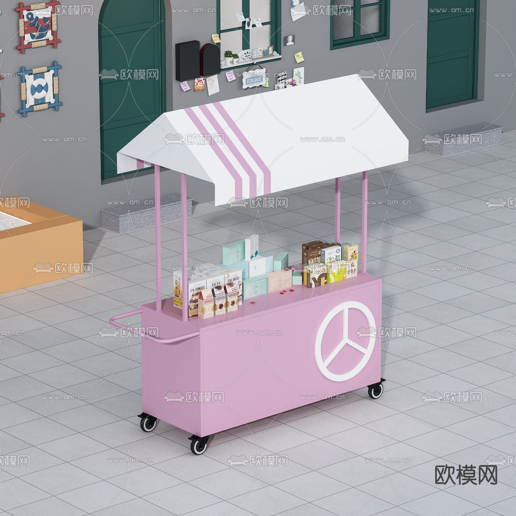 现代甜品零食摆摊车3d模型下载（渲染图2）
