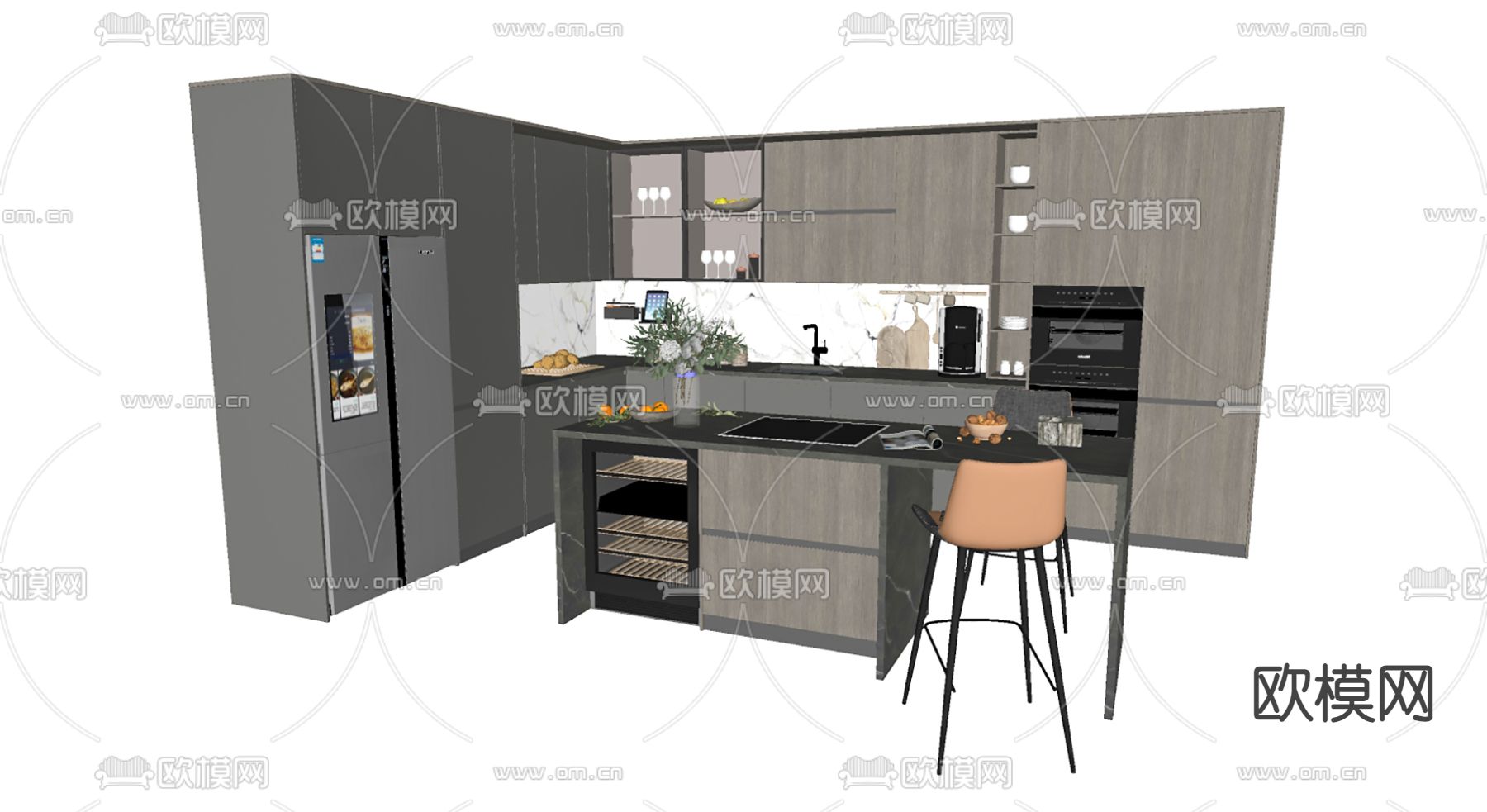 现代中岛厨房橱柜su模型下载（渲染图2）