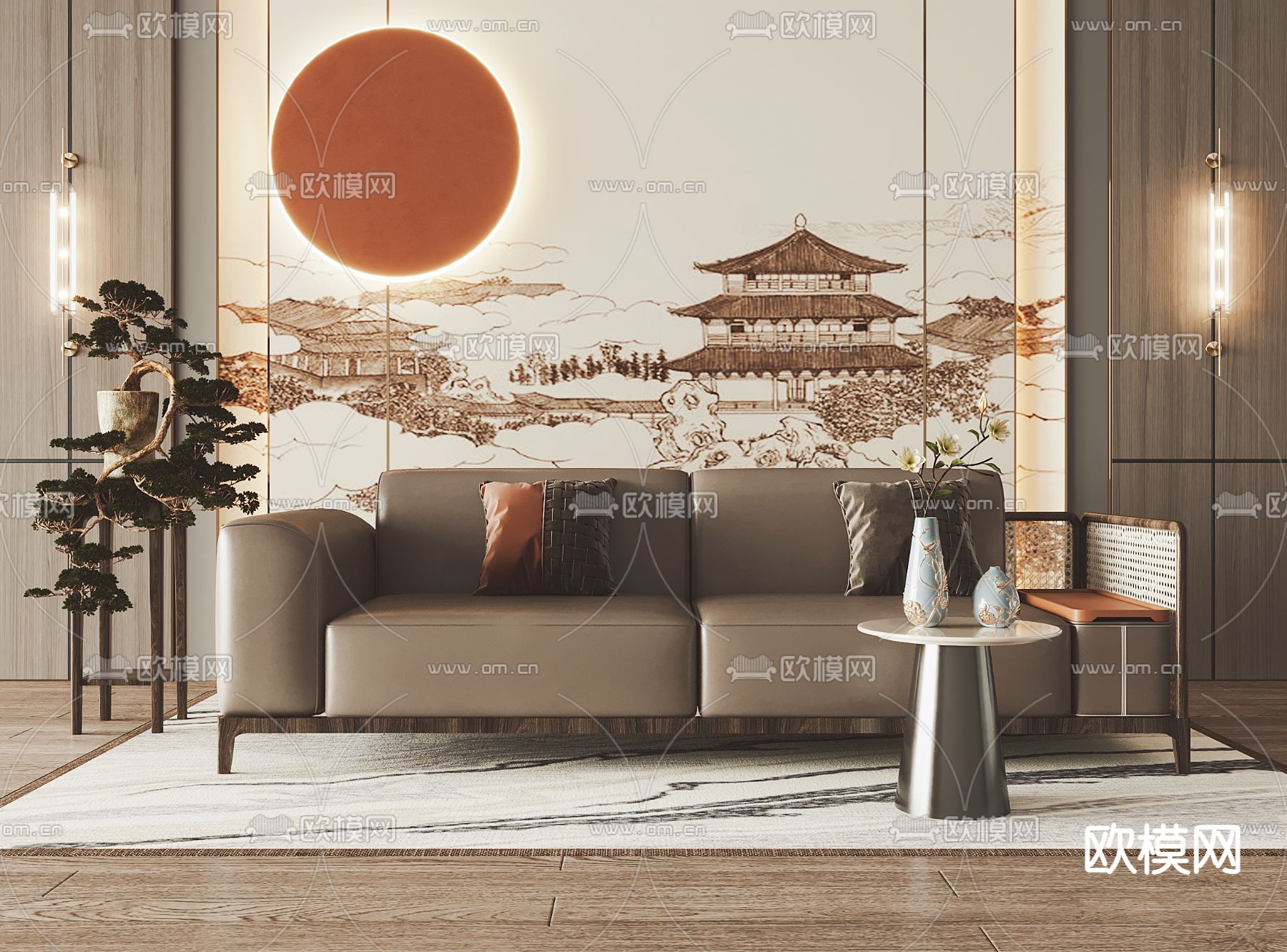 新中式棕色皮革双人沙发3d模型下载