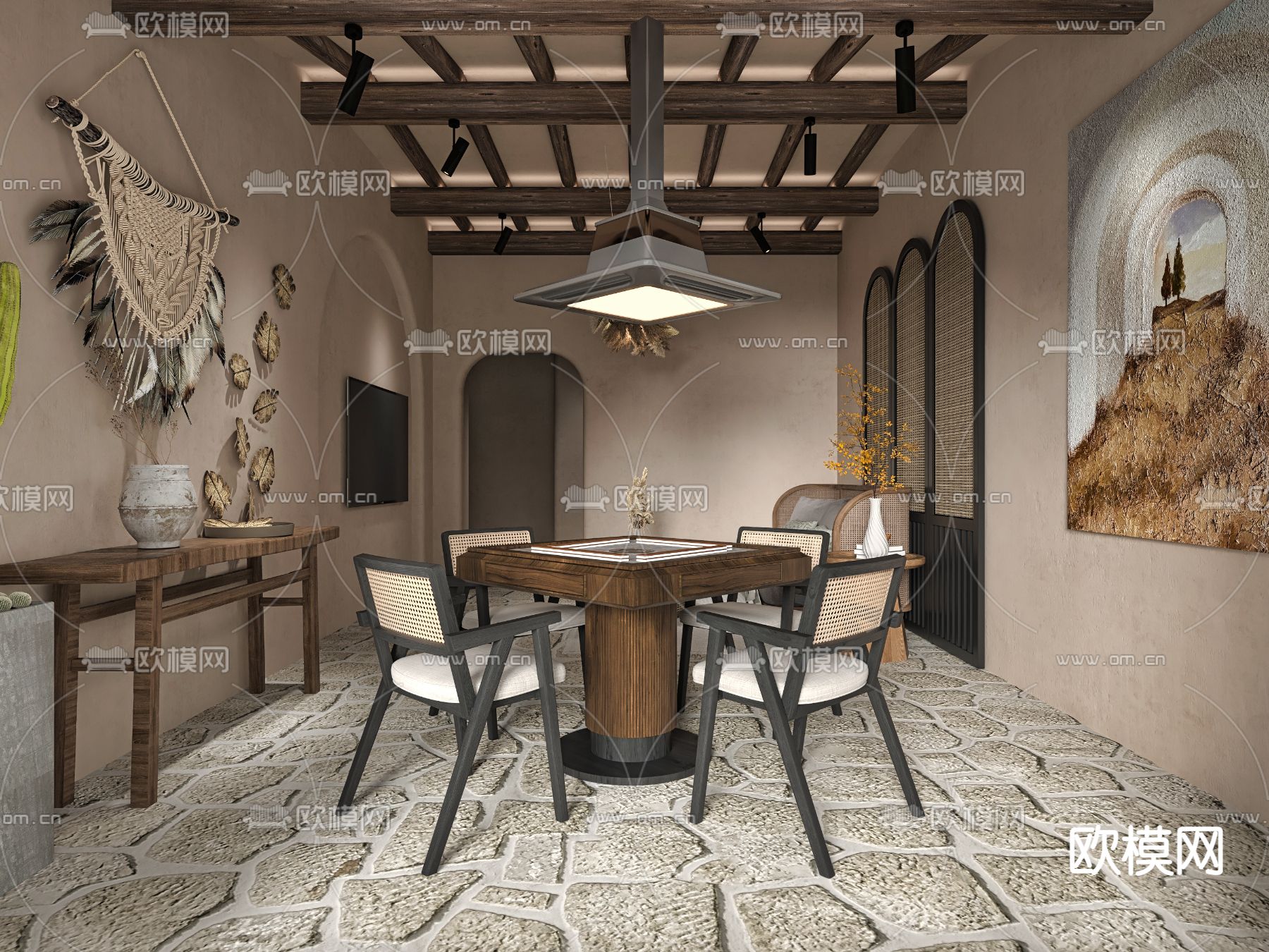 侘寂风茶楼棋牌室包间3d模型下载（渲染图2）