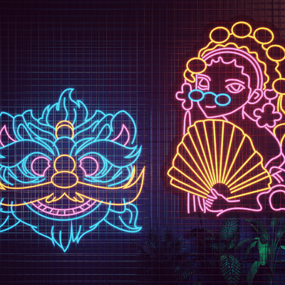 国潮霓虹灯醒狮花旦装饰灯su模型