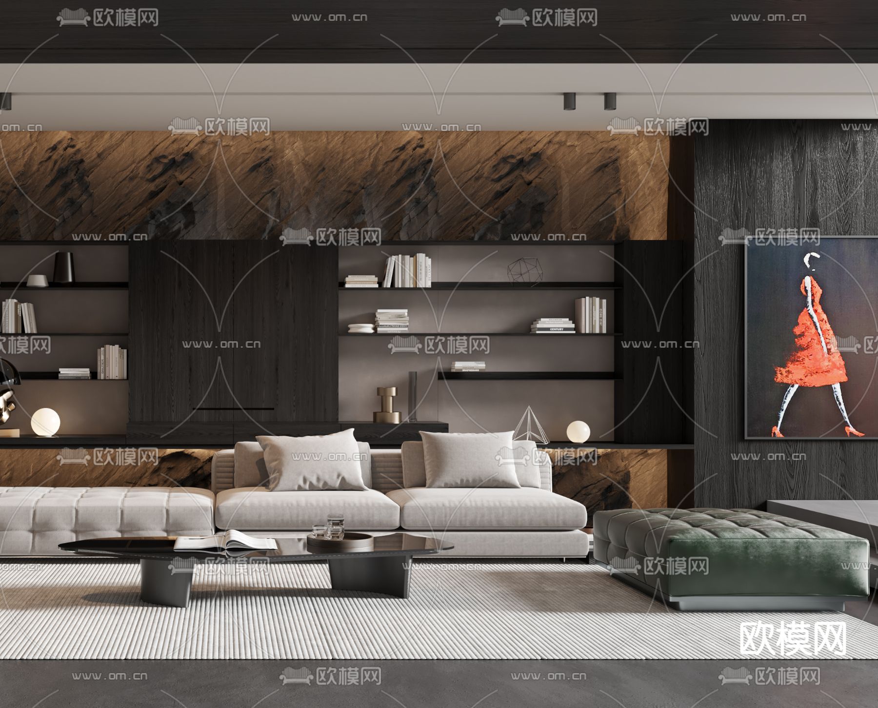现代高级灰客厅餐厅3d模型