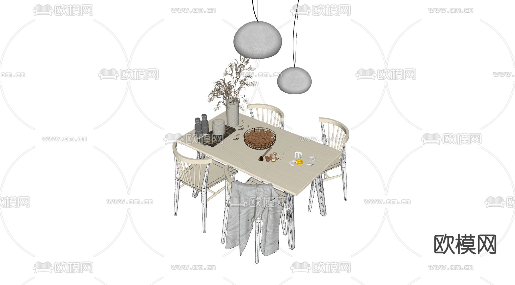 北欧奶白色餐桌椅su模型下载（渲染图2）