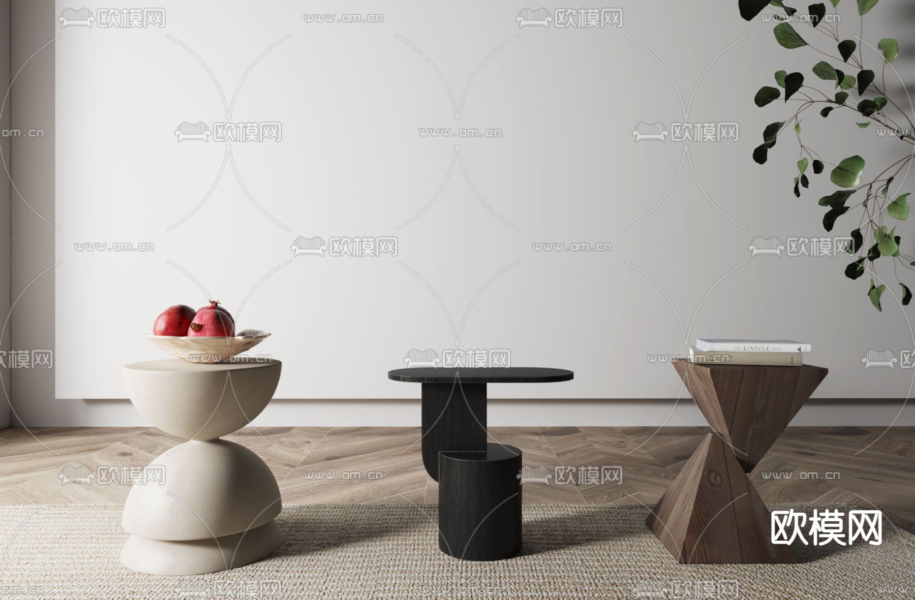 侘寂风实木圆几角几su模型下载（渲染图1）