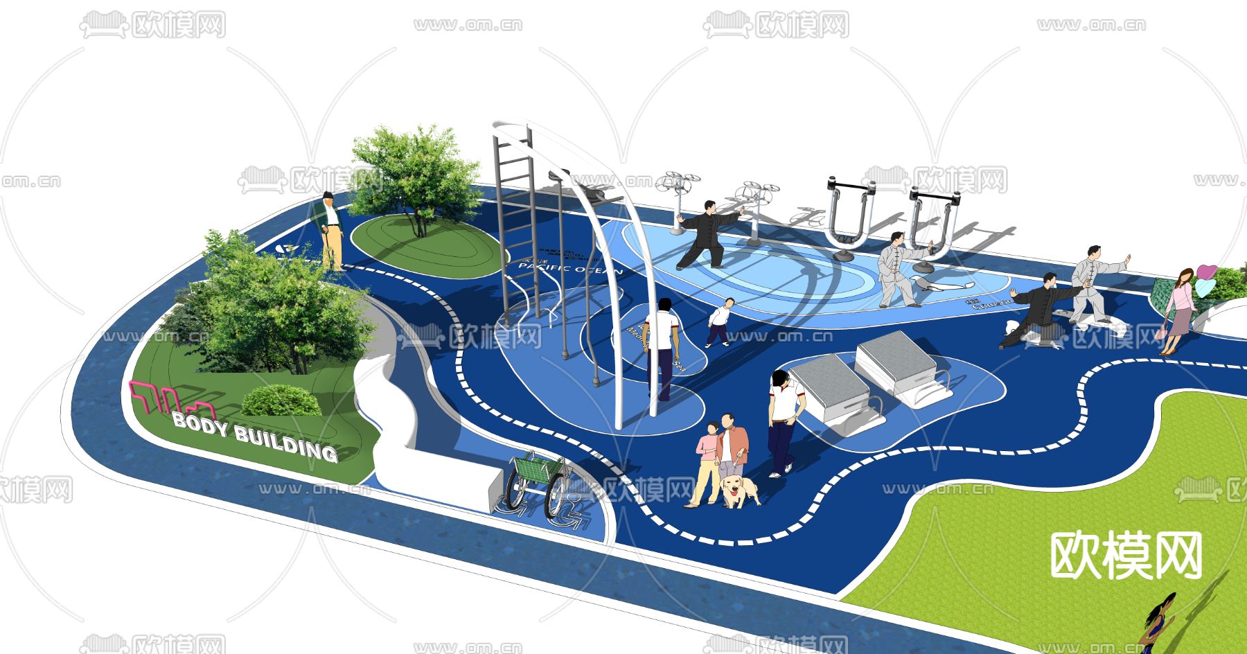 现代室外儿童区游乐设施su模型下载（渲染图2）