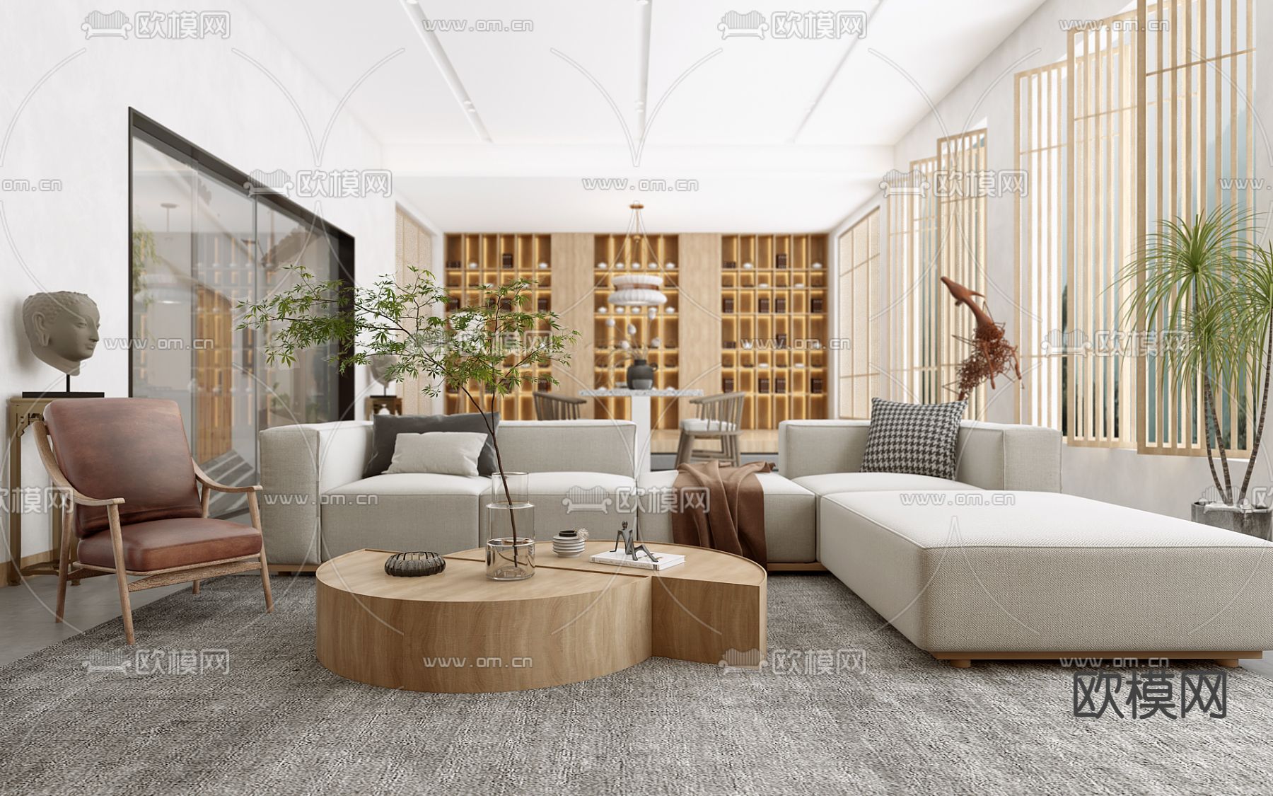 日式独栋民宿客厅3d模型下载（渲染图1）