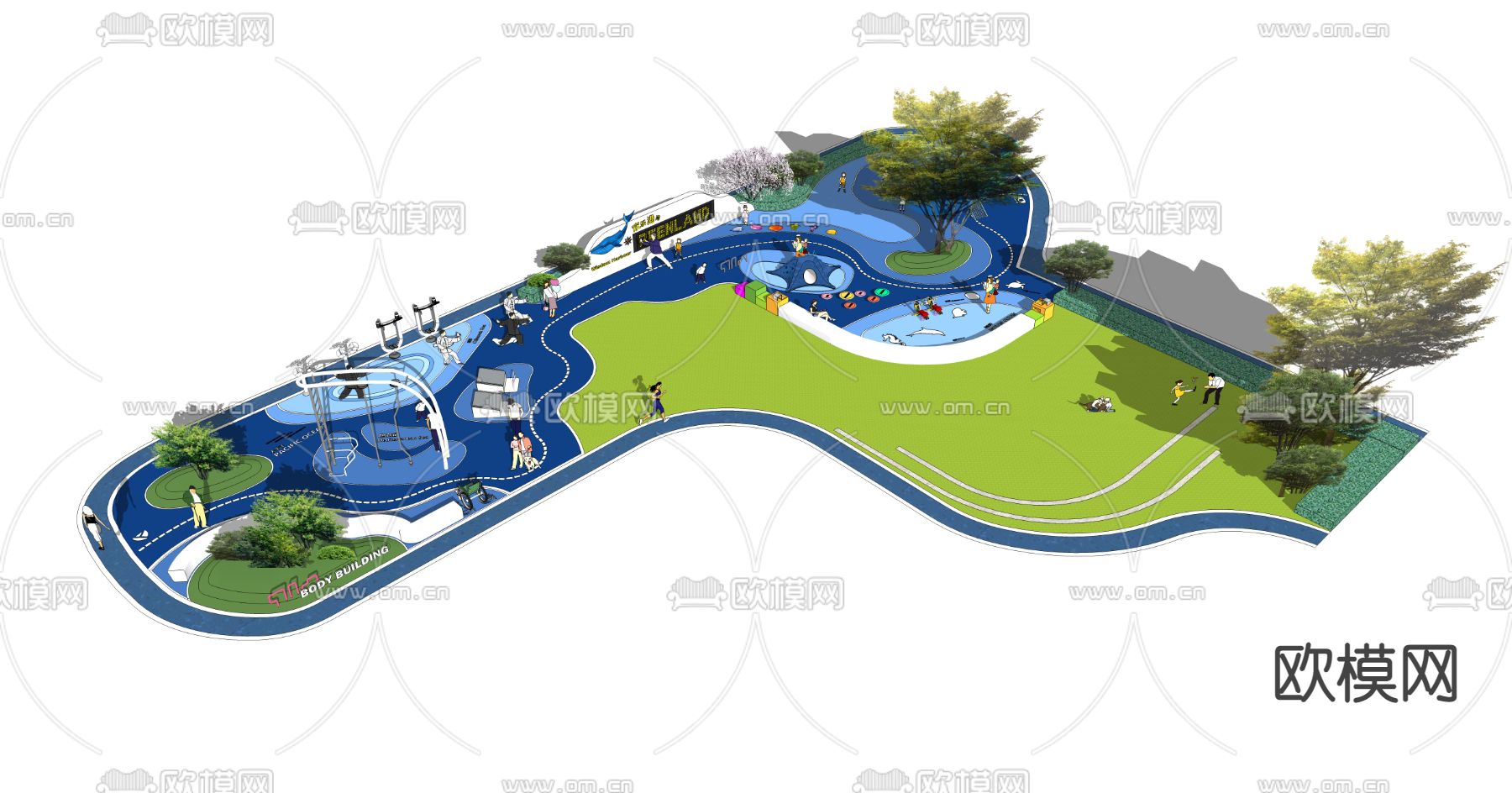 现代室外儿童区游乐设施su模型下载（渲染图1）