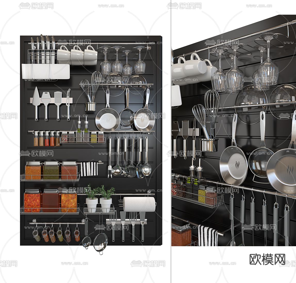 现代厨房壁挂套件厨房餐具组合su模型下载（渲染图1）