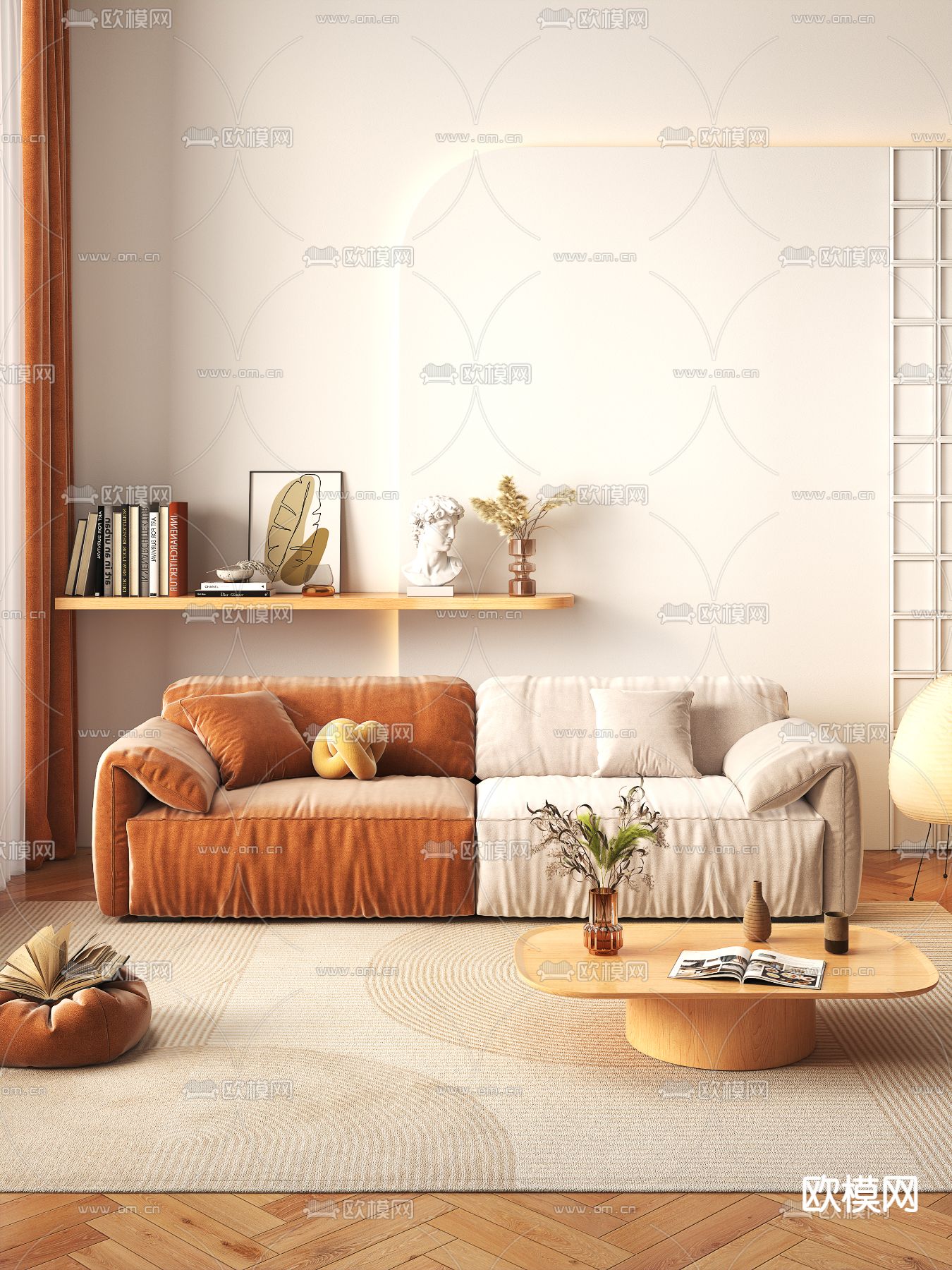 现代奶油风撞色布艺双人沙发3d模型下载（渲染图1）