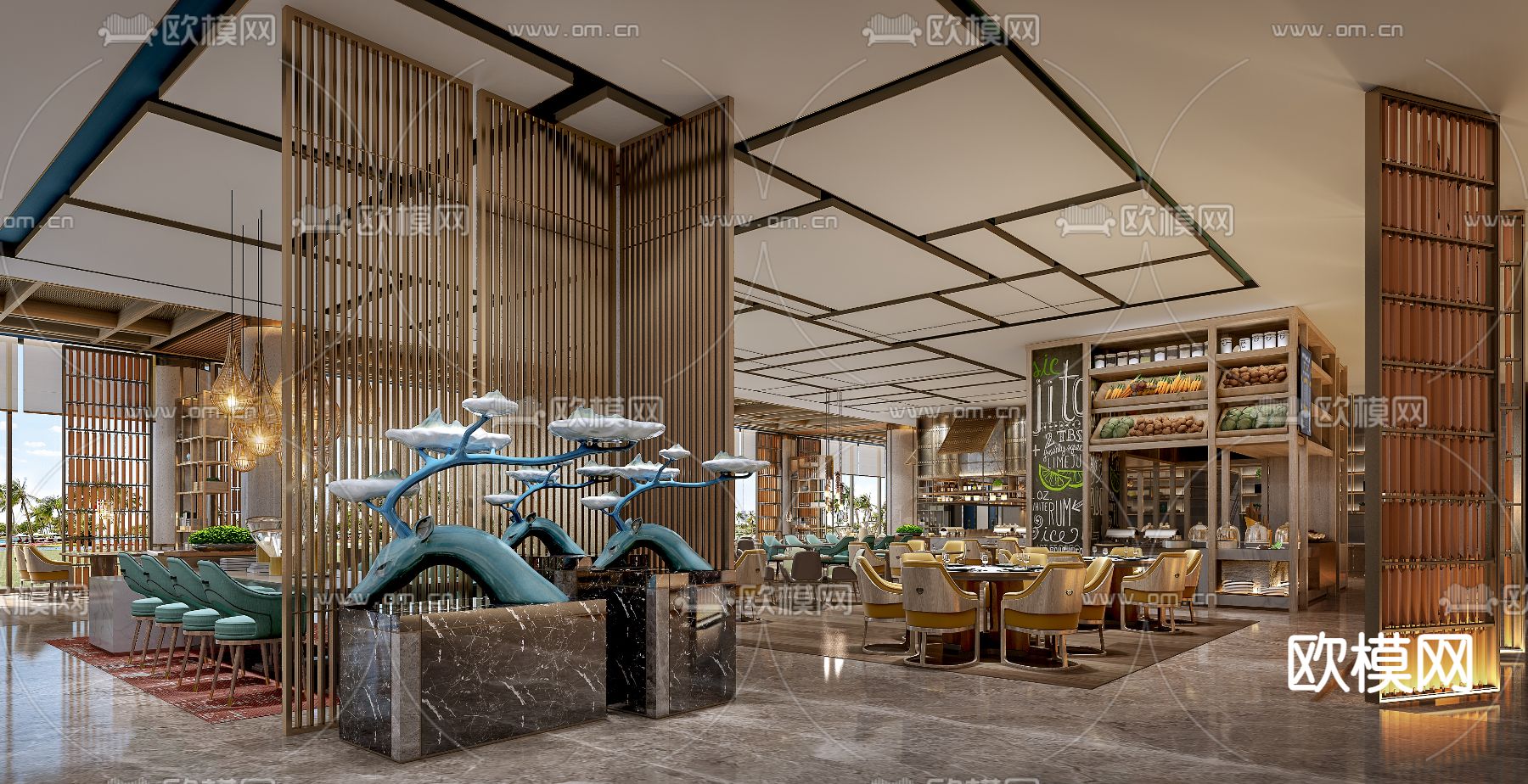 新中式酒店自助餐厅3d模型下载（渲染图3）