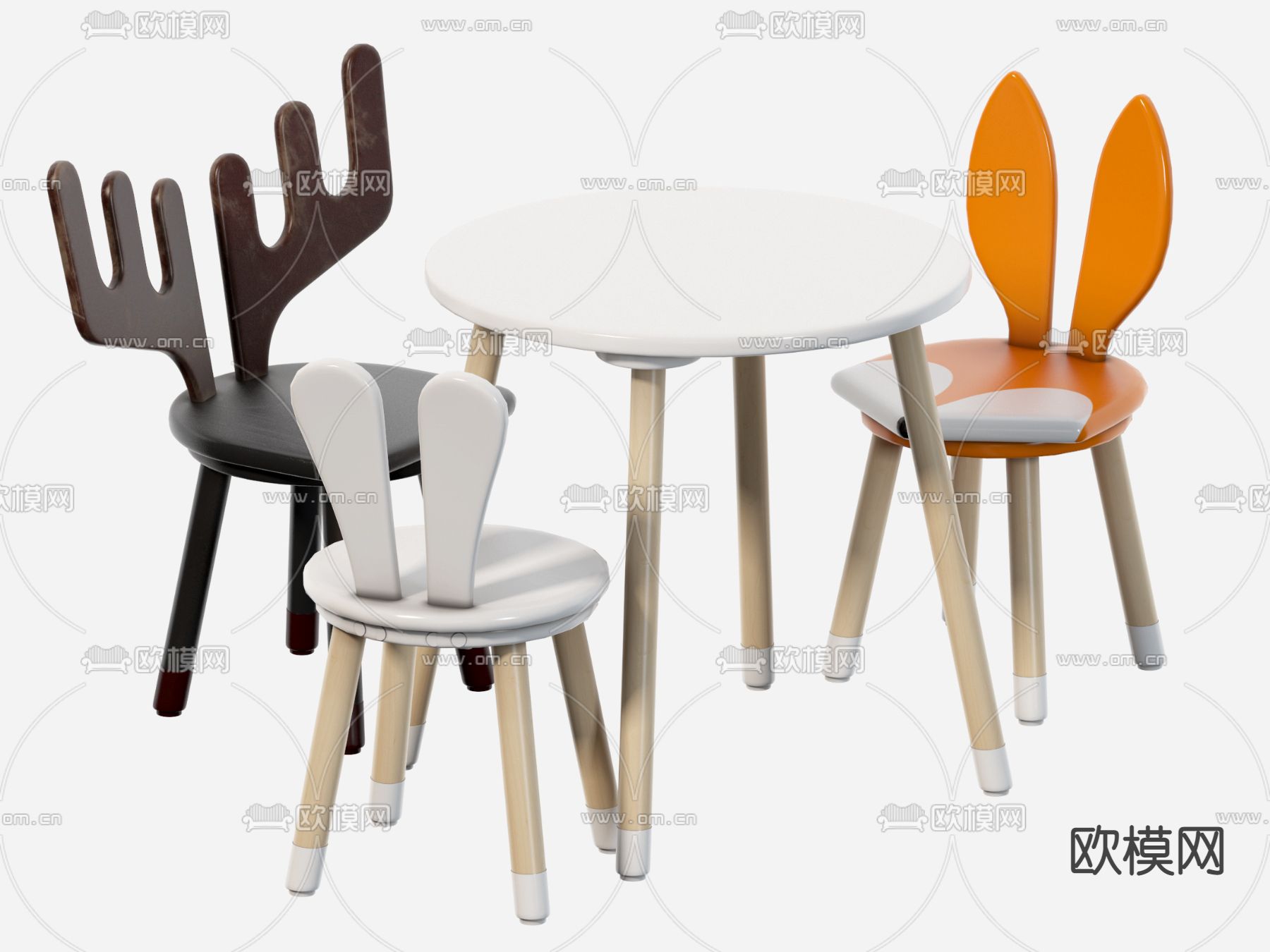 现代兔耳鹿角儿童桌椅3d模型下载