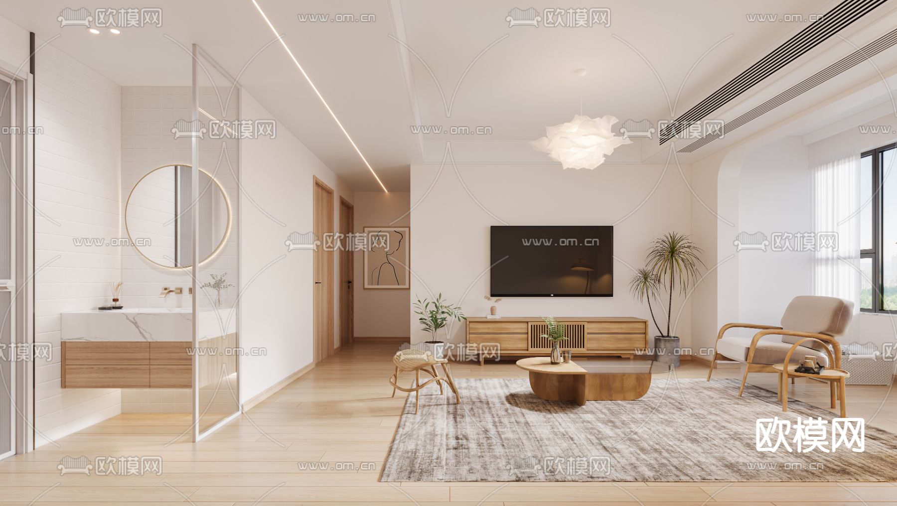 日式奶油风客厅餐厅3d模型下载_ID12042647_3dmax免费模型-欧模网